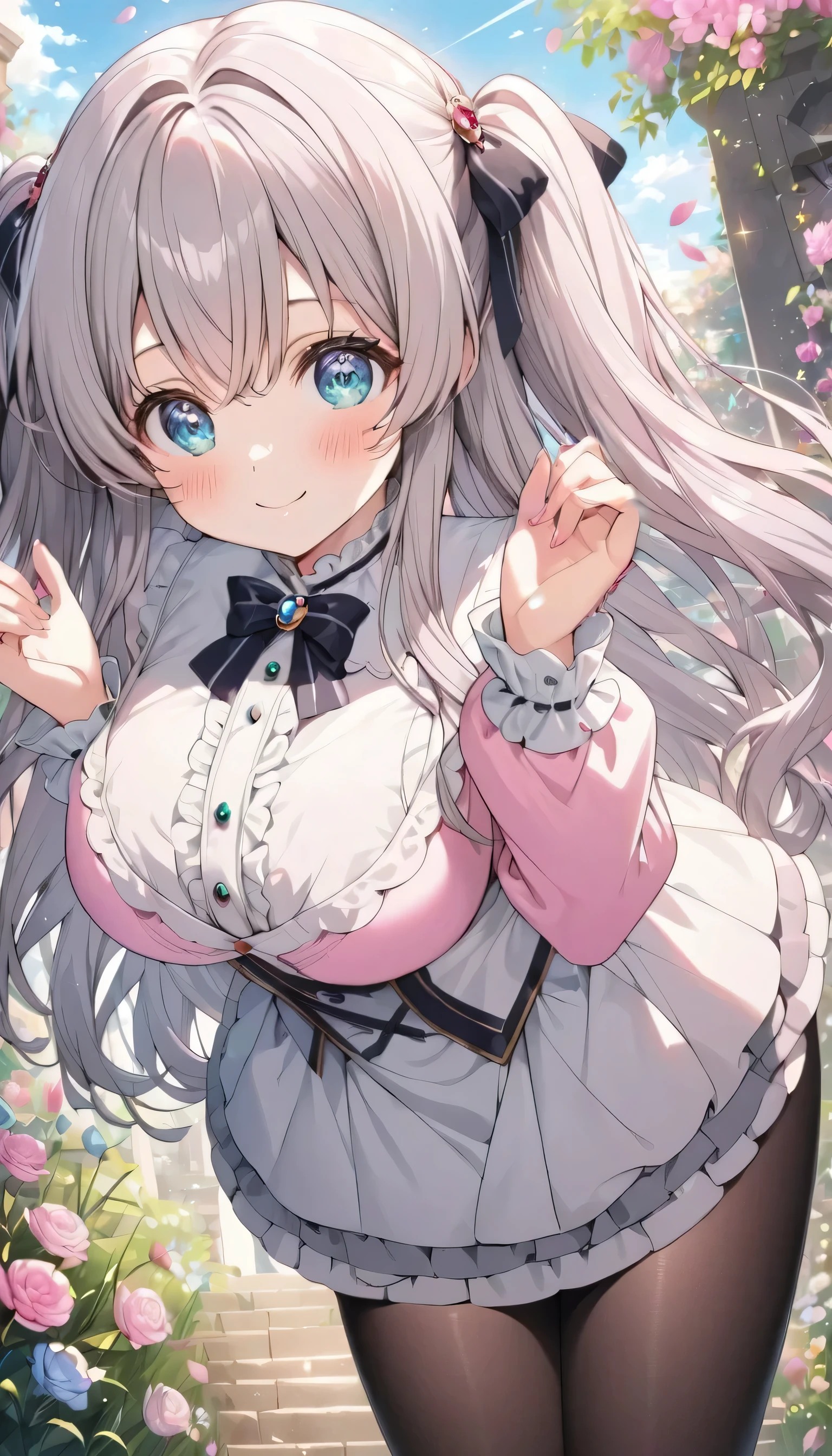 ((ultra-detailed)), (highly detailed CG illustration), (best quality:1.2), ultra-highly detailed, colorful composition, artistic photoshoot, 1girl, solo focus, ((thigh to top:1.4)), ((cowboy shot:1.4)), moe anime character, girl, dainty facial structure, (bab(round face), ((rounded chin:1.2)), ((ideal ratio body proportions)), celia-default, celia claire, (blue eyes), sparkle eyes, pale pink hair color, two side up, (black hair ribbon), ample breasts, ((Light pink long-sleeve blouse with frilly lace cuffs and bow tie)),
((Flared skirt with scalloped hem and jewel accents)), ((Black tights)), petals glowing and fluttering, best quality, masterpiece, standing by the victorian garden with flowers, beautiful detailed sky, dynamic pose, from front, expecting, pink cheek, blush, light pink gloss slip, portrait, depth of field, soft lighting, sidelighting, (shine), lighting, caustics, ray tracing, smile, perfect face, lustrous skin, highly detailed face, highly detailed eyes, perfect face, perfect nose, perfect hair, perfect eyes, perfect anatomy, beautiful hair, beautiful small face, extremely detailed face, beautiful detailed eyes, beautiful clavicle, beautiful body, beautiful huge breasts, leavage, breasts squeezed together, equalize the size of the left and right breasts, beautiful thin thighs, beautiful legs, beautiful fingers, 4 fingers, 1 thumb, lovely, (very detailed background:1.0), (highly detailed background:1.0), spring aesthetic, intricate details, joyful atmosphere, spring colors palette, chromatic aberration
