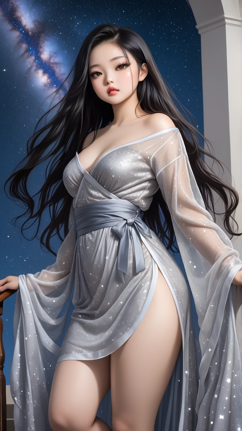 masterpiece, top-quality, default_Dress, BREAK 、Saint a girl、Inside the church、clergyman、BREAK 、Starry Sky Print, criss-cross halter, halterneck, Wide sleeves, wrist sleeves, 1girl in, Guizhong, greyt hair, hair adornments, looking at the viewers, length hair, bare shoulders, grey eyes, bangss、(summer clothing、lightly dressed、see -through),cowboy shot,A smile、
