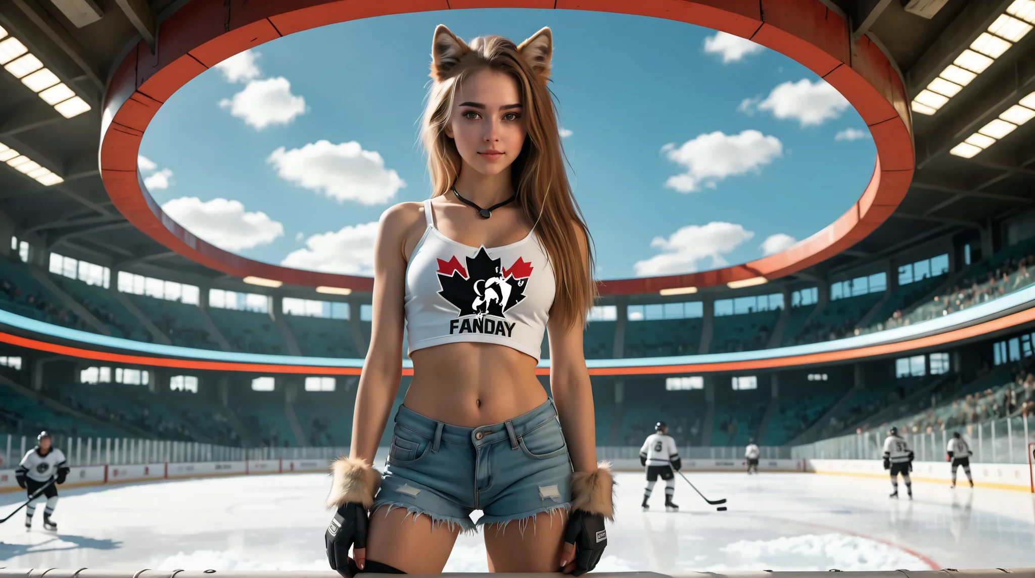 she is happy woman wearing an outfit made out of animal furs and a t-shirt
BREAK
she is in Canada on a hockey ring She’s standing in a oasis. Great scenery.
epic fantasy dystopian sci fi illustration.
BREAK
Perfect anatomy.
perfect hair.
perfect large breast.
perfect body.
perfect hands.
perfect face.
perfect eyes.
accurate.
anatomically correct.
BREAK
Sony A9 II and a 85mm f/1.8 GM lens.
early-morning sunligght.