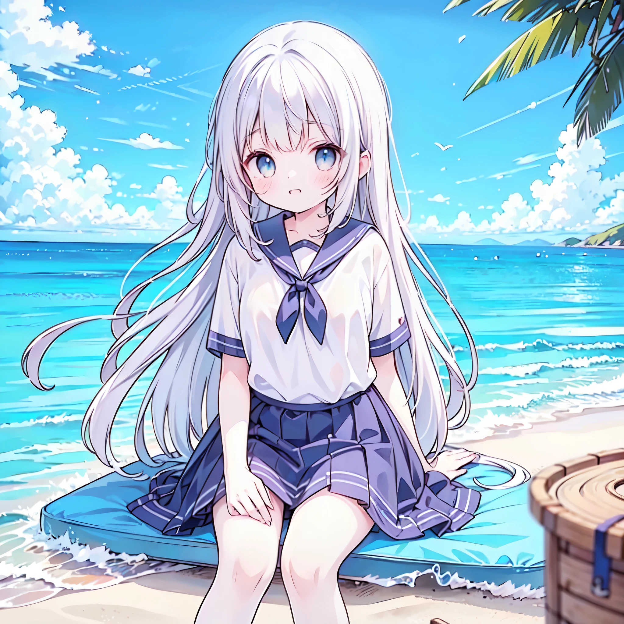 ((( more details,  highly detailed CG, masterpiece,  High Quality , 4K,  high resolution, sharp focus by G , Take a commemorative photo on a sandy beach with the calm and beautiful sea in the background, anime style illustration near the sparkling ocean , tea hair))),(Alone:2.5), cute, Smiling Brightly , light blue eyes,(A girl is standing on the beach:1.4), navy blue sailor suit,(Short sleeve:2),( dark blue skirts ),( slightly bulging breasts:1.2), Clear Skin, Fluttering Skirt , barefoot,((long hair)),Neat hair,Gentle Breeze, White Clouds ,blue sky,Watching viewers, is shy, dynamic ,(Medium height:1.5),