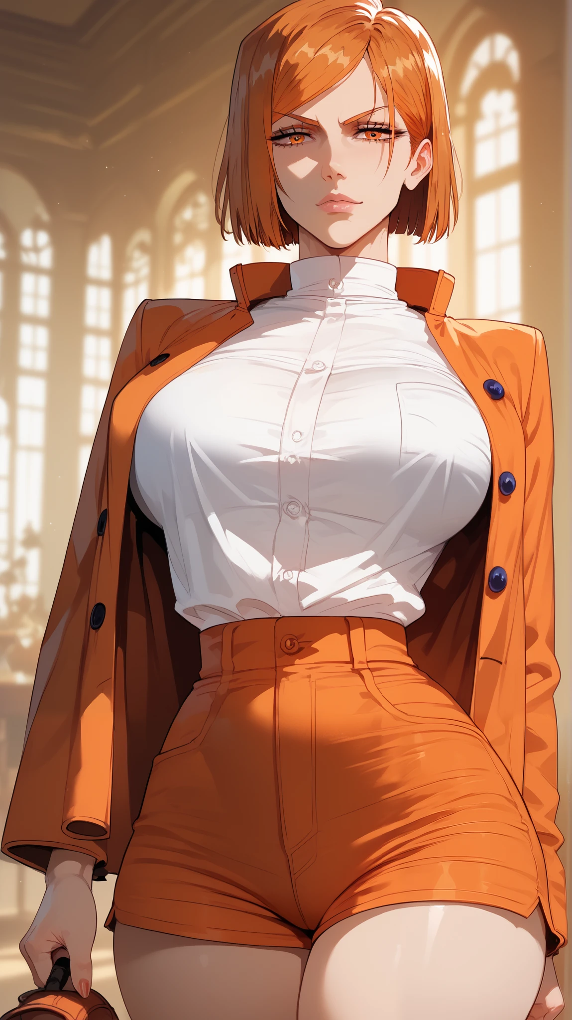 Female ,Embarassed, shy, Round orange glass glasses, big breasts, Short orange hair, Small hips, Working as detective, detective clothes, investigating