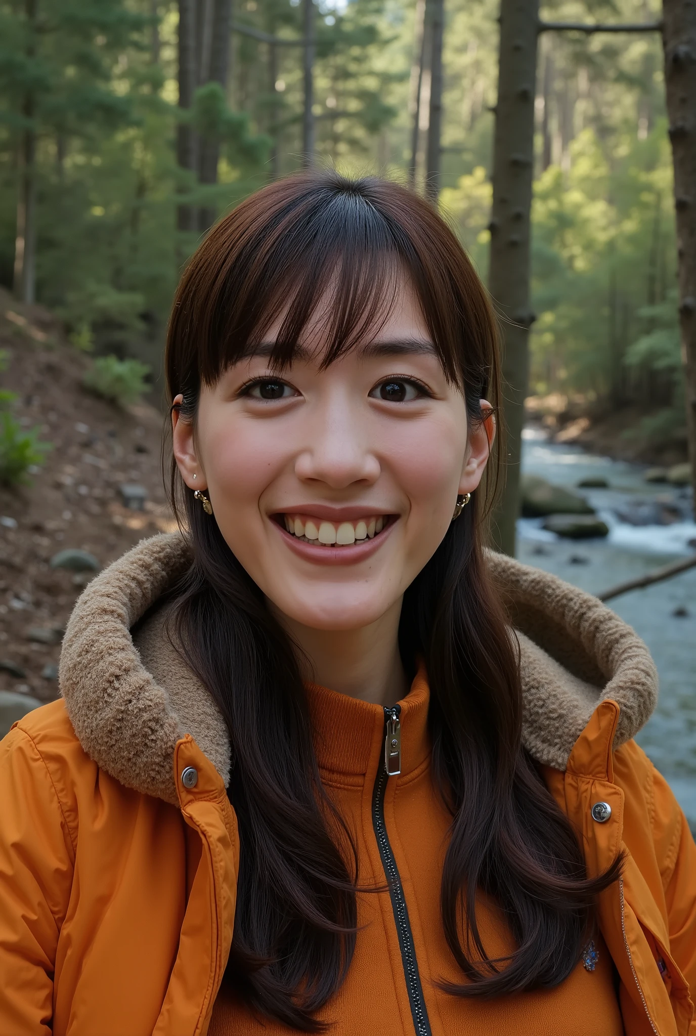 female 1(( Upper Body Selfies , happy)), Masterpiece, best quality , Ultra Details, Alone, outdoor, ( knight ), Mountain々, nature, (star, moon) cheerful, happy, backpack, sleeping bag, Camping Stove, water bottle , Mountain boots, gloves, sweater , has , Flashlight, forest, rock, river, wood, cigarette, Shadow, Contrast, sunny, analog style ( viewers:1.2) ( skin texture ) ( film grain:1.3), ([Warm colors, warm tone)
