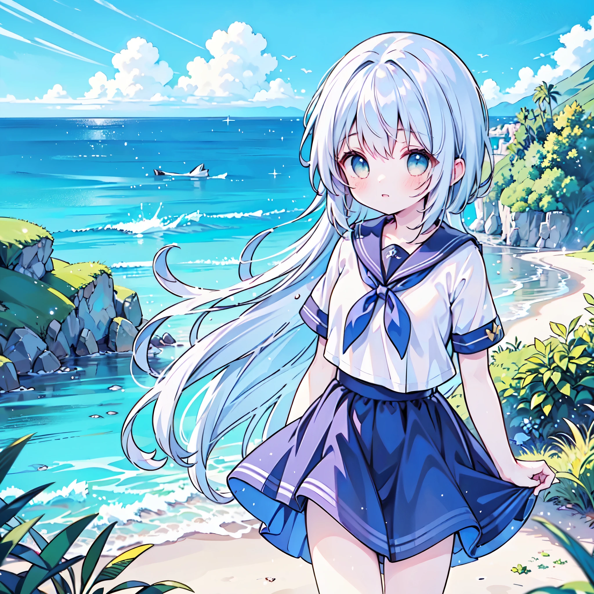 ((( more details,  highly detailed CG, masterpiece,  High Quality , 4K,  high resolution, sharp focus by G , Take a commemorative photo on a sandy beach with the calm and beautiful sea in the background, anime style illustration near the sparkling ocean , tea hair))),(Alone:2.5), cute, Smiling Brightly , light blue eyes,(A girl is standing on the beach:1.4),Navy and white sailor suit,(Short sleeve:2),( dark blue skirts ),( slightly bulging breasts:1.2), Clear Skin, Fluttering Skirt , barefoot,((long hair)),Neat hair,Gentle Breeze, White Clouds ,blue sky,Watching viewers, is shy, dynamic ,(Medium height:1.5),