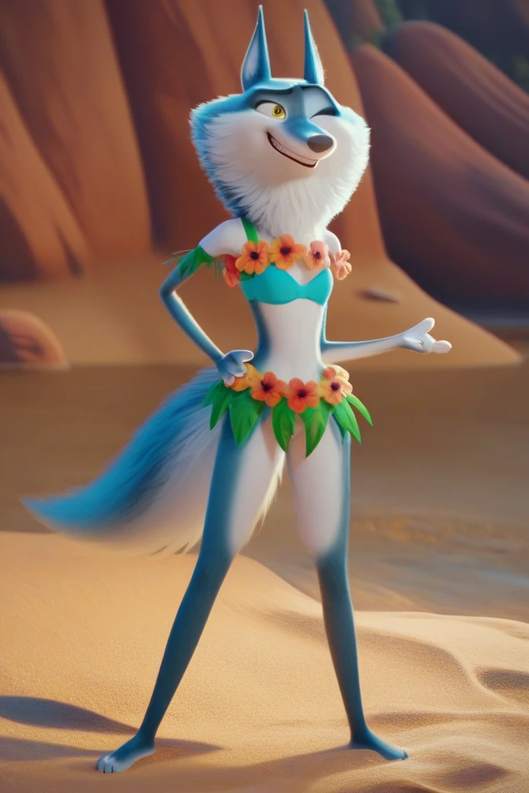 A white fox in a wig, wearing a bikini in texas