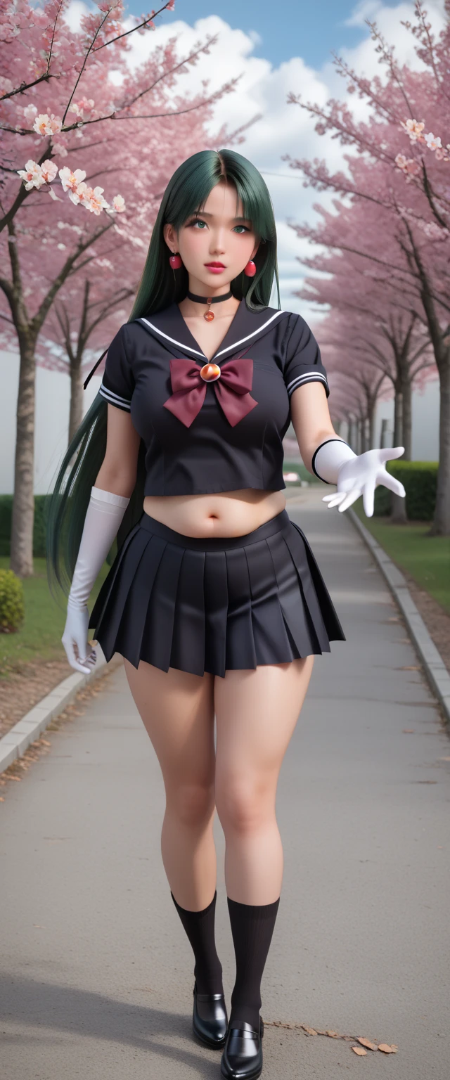 zPDXLrl, score_9, score_8_and_above, score_7_and_above, explicit ranking, masterpiece, highest quality, ultra HD quality details, realistic, 1 girl, tall body (((height 170cm))), large body (((weight 54kg))) walking, Sailor Pluto (セーラープルート, Sērā Purūto), large breasts, firm breasts, large hips and buttocks, thick thighs, long hair (((super long hair reaching the knees))), straight hair, green hair, parted bangs, green eyes, ribbon, brooch, choker necklace, earrings, elbow gloves, white gloves, black gloves at the elbows, round brooch, dark red brooch, dark brown ribbon, black choker, sailor collar, black skirt, white underwear, white panties, pleated skirt, super short mini skirt, black sailor collar, senshi sailor uniform, tight outfit, stud earrings, full body, on a pathway, large cherry blossom tree, many large cherry blossom trees ((on both sides of the path)), daytime, cloudy weather, professional lighting. Super detailed, realistic.