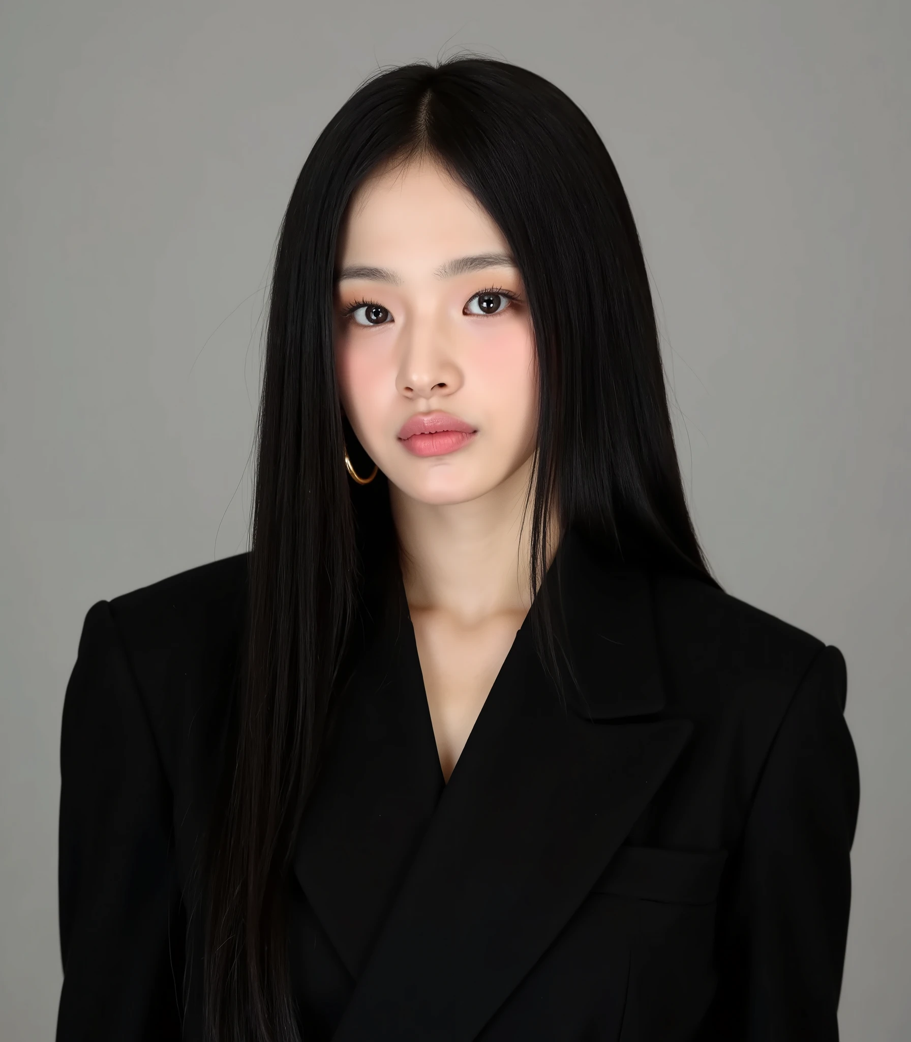 Generate an image of a young woman with long, straight, sleek black hair. She is wearing a sophisticated black blazer, giving her a formal and polished appearance. Her makeup is subtle yet striking, with a soft blush and light pink lip color, enhancing her natural beauty. She accessorizes with bold, gold hoop earrings that add a touch of elegance to her outfit. The background is neutral, drawing attention to her poised and confident expression. The overall mood is modern, professional, and composed. Naked, pink nipples, sexy,full nude