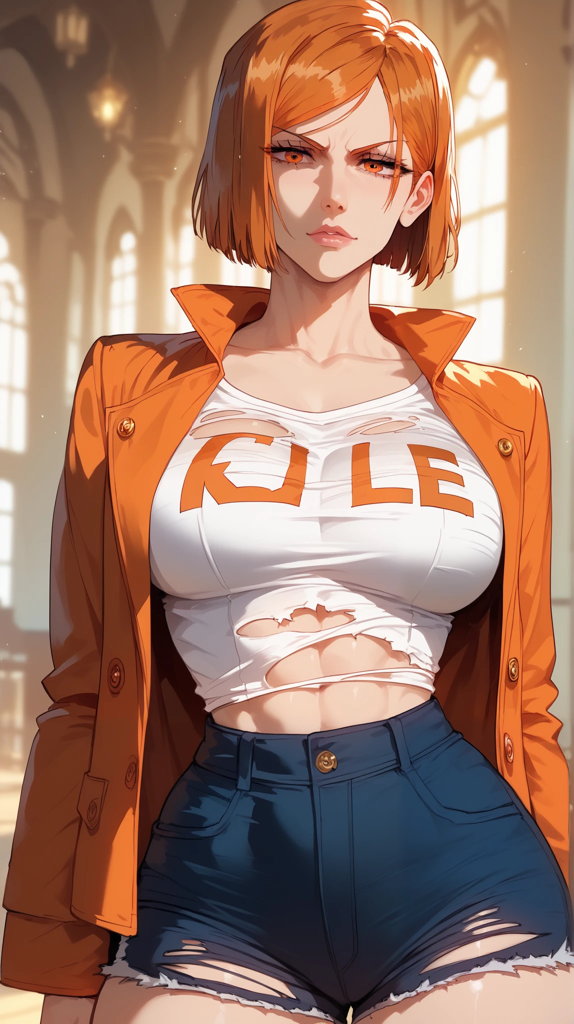 Female ,Smug smile, Round orange glass glasses, big breasts, Short orange hair, Small hips, Working as detective, detective clothes, Showing boobs, lifting shirt, , nude breasts, Orange mini jacket, White Shirt, Rizing shirt up, boob peek