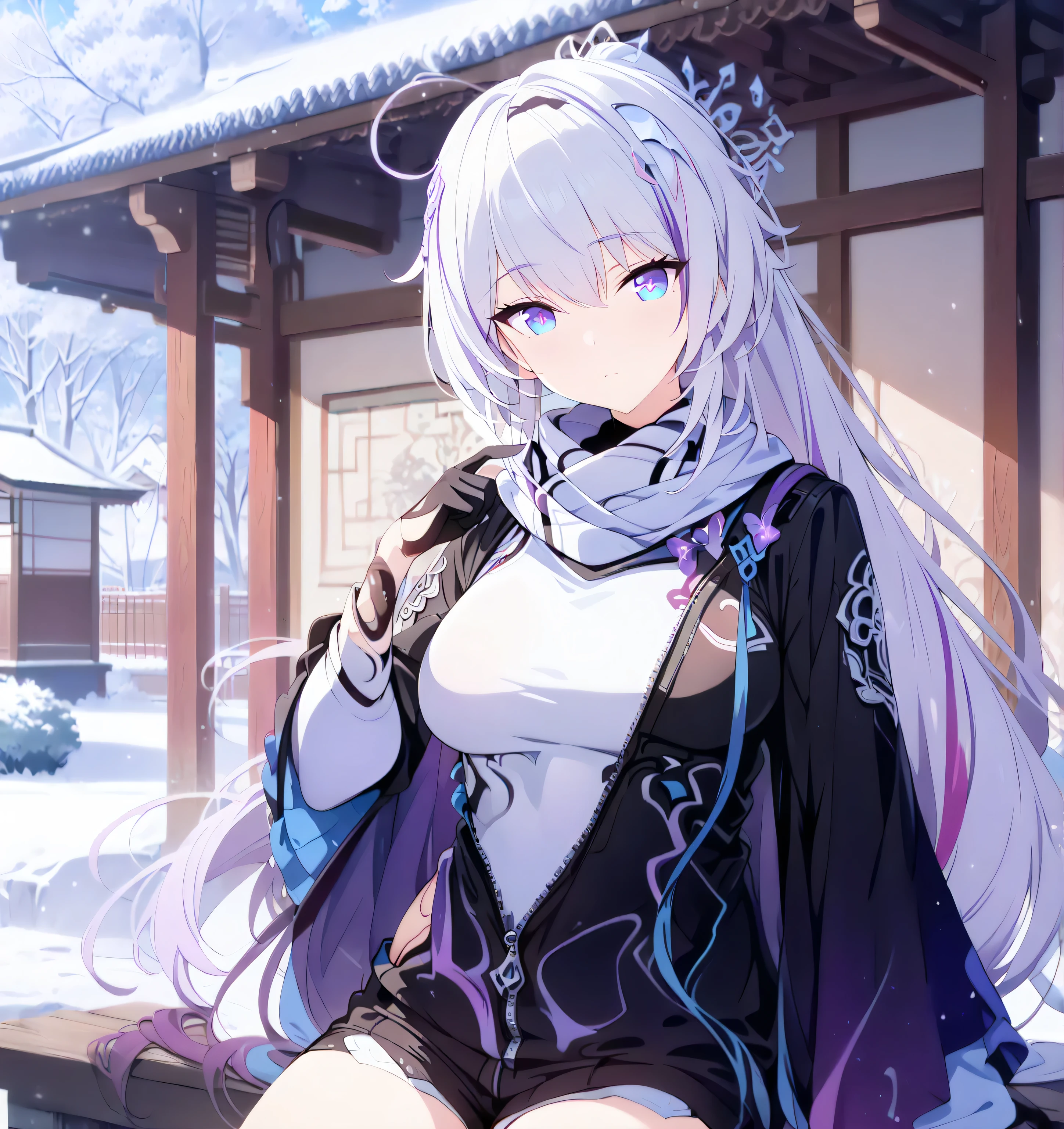 (masterpiece), best quality, expressive eyes, perfect face, (very aesthetic:1.2), (absurdres:1.2), (detailed background), newest,ai-generated, (intricate:1.3), best hand, score_9, score_8_up, score_7_up, source_anime, 1girl, solo, (masterpiece:1.4), (best quality:1.4), (ultra-detailed:1.2), (perfect anatomy:1.3), looking at viewer, standing (beautiful detailed eyes), (beautiful detailed face), (sharp focus), (vibrant colors), (super fine illustration), ((outdoors, winter, east asian architecture)), expressionless, ((japanese clothing:1.2)), sitting, bodysuit under clothes, ((black jacket, partially unzipped, wide sleeves:1.4)), white scarf, black gloves, shorts, haori, first clothes, long hair, white hair, blue eyes, two-toned hair, ((streaked hair, purple hair:1.4)) large breasts, Kiana, herrscher of finality, very long hair, ahoge, high ponytail, ((ponytail:1.4)), wavy hair, hair ornament, symbol-shaped pupils, confident, half-closed eyes,