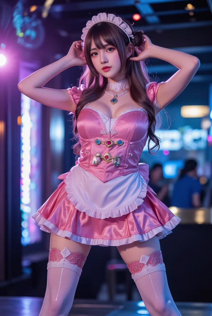 ((Ultra high resolution, highest quality, masterpiece: 1.2), (realistic, photorealistic: 1.37), highly detailed, (Nightclub, professional lighting, photon mapping, radiosity, physically-based rendering, masterpiece, rich details)
A cute Japanese woman, 18 years old, wearing a pink bunny girl outfit. The outfit consists of a shiny pink corset with a plunging neckline, pink bunny ears, and a matching pink bow tie. She is also wearing pink wrist cuffs and fishnet stockings, complemented by pink high heels. Her hair is styled in long, wavy twin-tails with a light brown color. She has a happy smile, showing her teeth, and has glossy skin and shiny hair. The scene is highly detailed, with professional and realistic lighting. The style is realistic and photorealistic, with extreme attention to detail, and the character has an anatomically correct body structure. The character has a nice body and very beautiful skin. (Correct body structure, accurate anatomy, ultra-high quality, realistic lighting, nice body, very beautiful skin, nightclub background, natural candid photo, not looking at the camera)