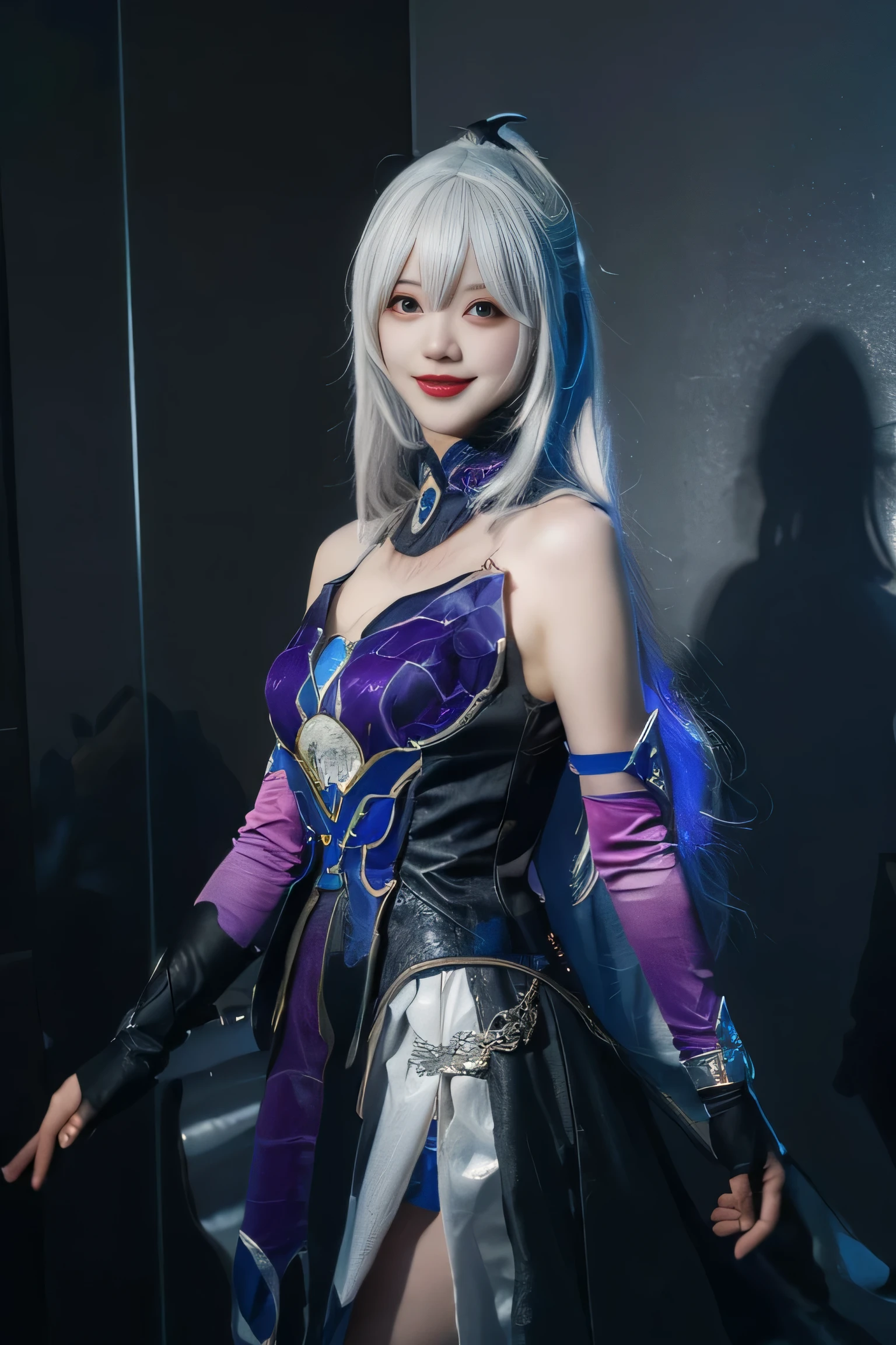     (best quality), (masterpiece), (Ultra-high resolution), (Clear face), （Reality： 1.4）, (perfect lighting),(photorealistic:1.30), anime wallpaper, Guviz style artwork , fantasy cover up to magic , by Yang J, Guviz, beautiful artwork illustration, beautiful digital artwork, beautiful digital illustration, Li Song, beautiful anime portrait, art style at Beauvot,illustration, ethereal and beautiful, highly detailed, CG, unity, 8k wallpaper, Amazing, fine detail, official art, highly detailed CG unity 8k wallpaper,absurd, extremely absurd, large file size, highly detailed , high resolution, very detailed,beautiful girl with details, very detailed eyes and face, beautiful detailed eyes,light on the face,cinematic lighting, 1girl, solo, purple hair, looking at viewer, smile, standing, cowboy shot, blackswan cosplay costume, elbow gloves, cosplay, gauntlets, gloves, dress, purple dress, pantyhose, shorts, outdoor, flower garden background,(standing:1.3), (upper body:1.3),,