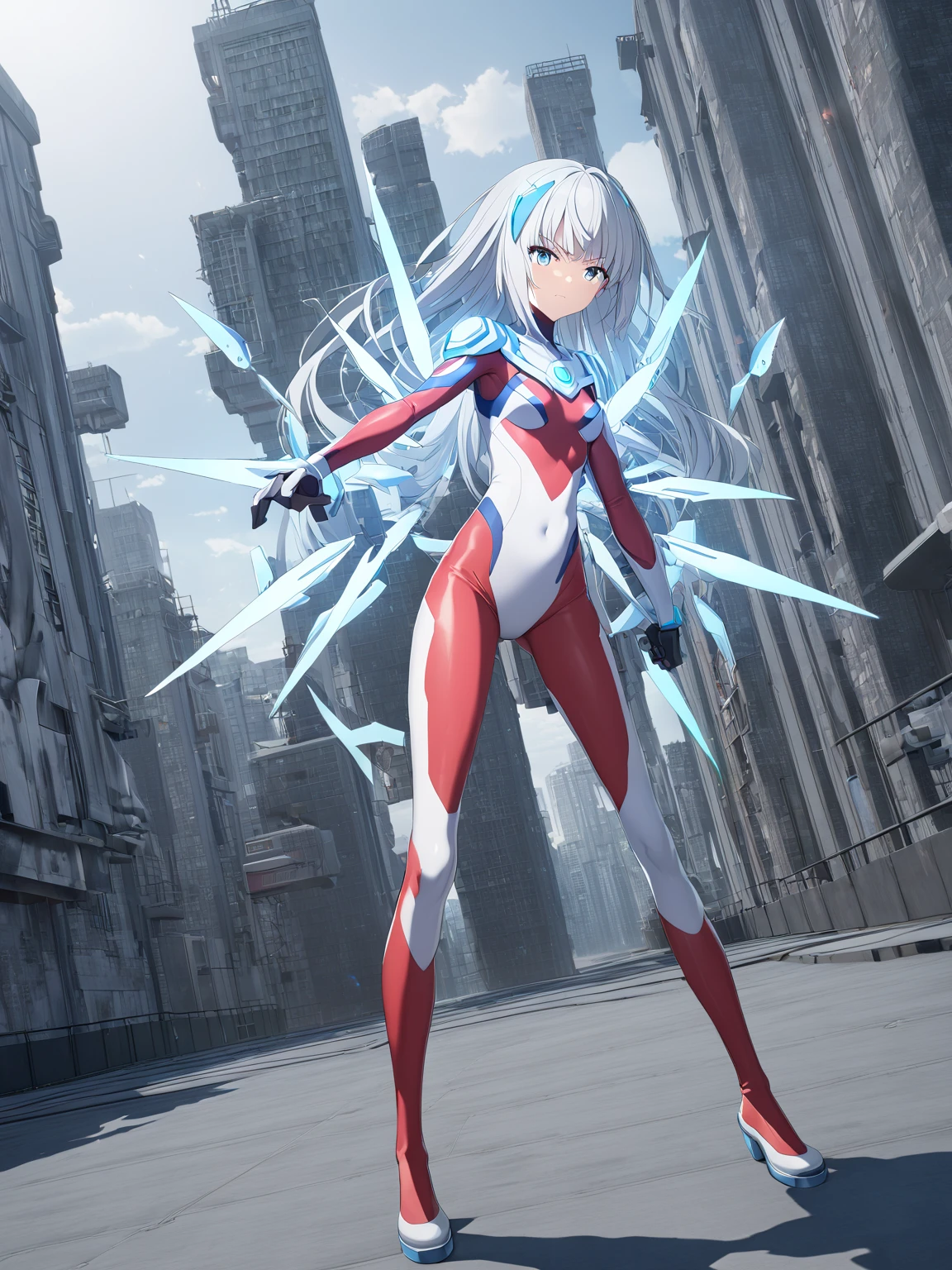 (masterpiece、Highest quality、In 8K、High resolution:1.2)、alone、One girl、 Shibuya Rin、Tight clothes、Cowboy Shot、smile、Hero Suit、Bodysuits、Tight suit、Trained abdominal muscles、Trained biceps、(nffsw :1.0)、 レッドウルトラマンBodysuits、A jewel shining on my chest、(building:1.2)、Night Scene