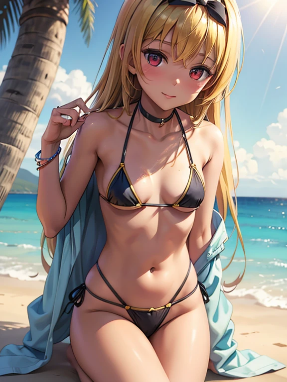 1girl, marin kitagawa, blonde hair, choker, long hair, (pink eyes:1.5), (slanted eyes:1.5), (glare:1.5), straight hair, swept bangs, (long eyelashes), (lower eyelashes:1.3), (blush:1.3),
BREAK (triangle bikini:1.2), Black bikini, (black panty), (patternless panty), (Yellow floral bikini:1.3), medium breasts, Naked, Exposed skin, (Wet skin:1.3), (arms behind head, armpits),
BREAK (sea:1.5), beach, (solar:1.3),
BREAK looking at viewer, 
BREAK (masterpiece:1.2), best quality, high resolution, unity 8k wallpaper, (illustration:0.8), (beautiful detailed eyes:1.6), extremely detailed face, perfect lighting, extremely detailed CG, (perfect hands, perfect anatomy)