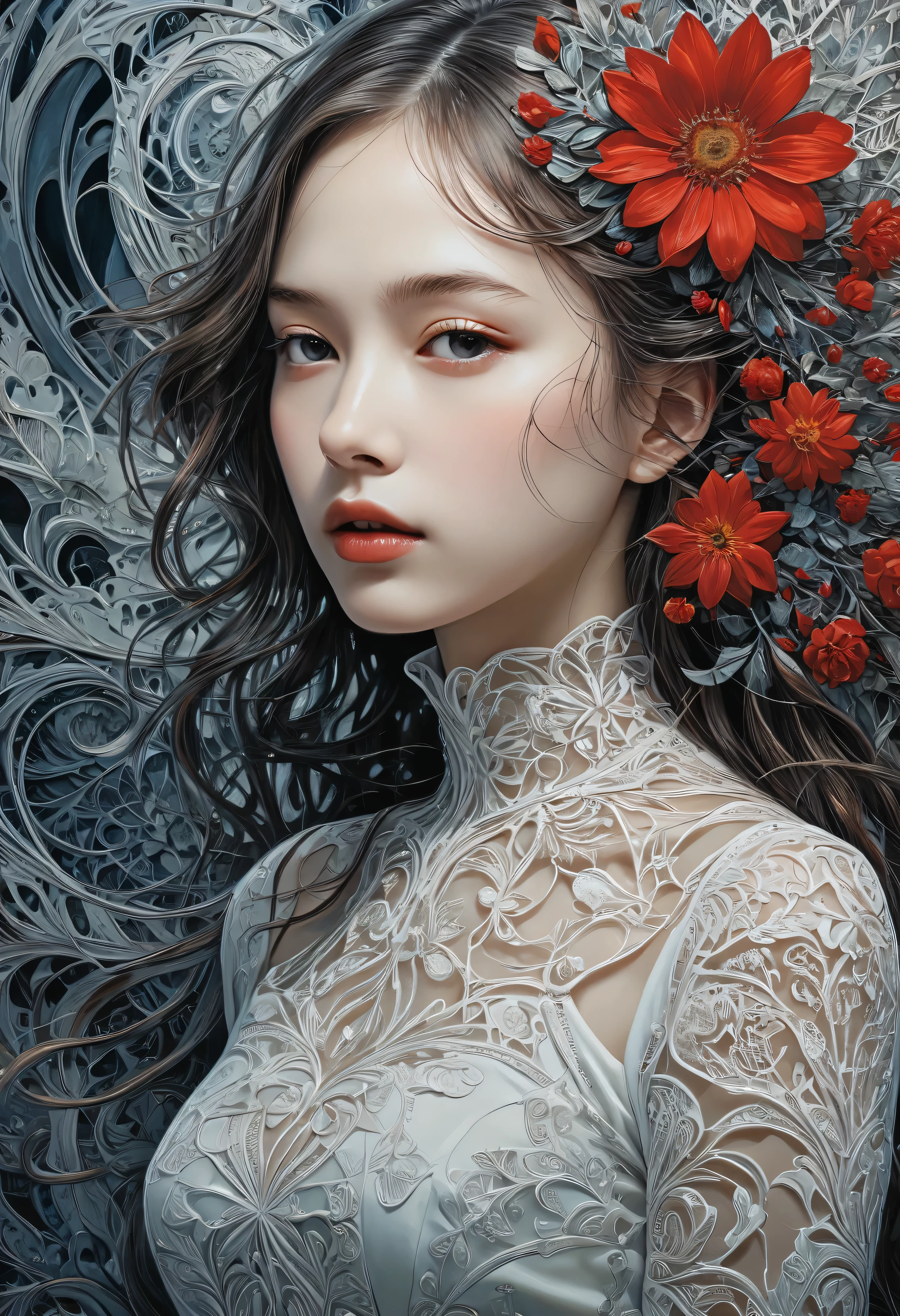  Official Art,  Unifying 8K Wallpapers ,  Ultra Details,  beautiful and aesthetic , Masterpiece,  best quality , (zenTangle, Mandala, Tangle, enTangle), ( Fractal Art:1.3) ,  1 girl, Red Flower,   very detailed on trends,  dynamic angle,  cowboy shot,  the most beautiful form of chaos ,  elegant , a brutalist designed鮮やかな色, Romanticism, James Jean,  Robby Dwy Antono, Ross Tran,  Francis Bacon , It was freezing cold, Adrian&#39;s genius,  Petra Courtlight ,  Gerhard Richter , Takato Yamamoto , Ashley Wood, atmosphere