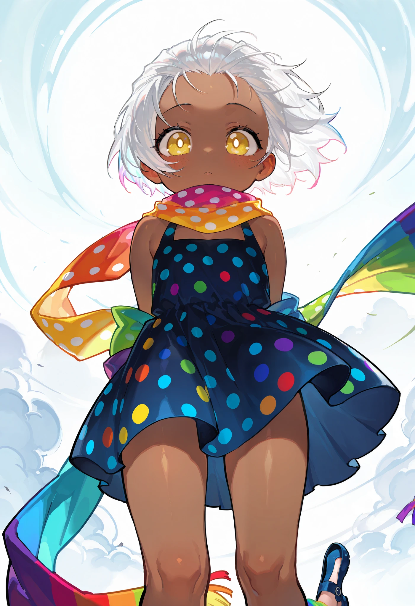 solo, score 9, score 8, score 7, Best quality::2.5, artwork::2.5, Masterpiece::2.5, rodecchi,  look, loliooking like a baby, le, cuown skin, (White hair), Short hair, Hair slicked back, ((Big bangs)), beautiful hair, bare shoulder, (Bright yellow eye), (Rainbow scarf), Just a scarf tie, (Dark blue dress), (Short dress), Simple dress, (Colorful polka dots on dress), Upper body focus, Blue sandal, Bare legs, Wind, 