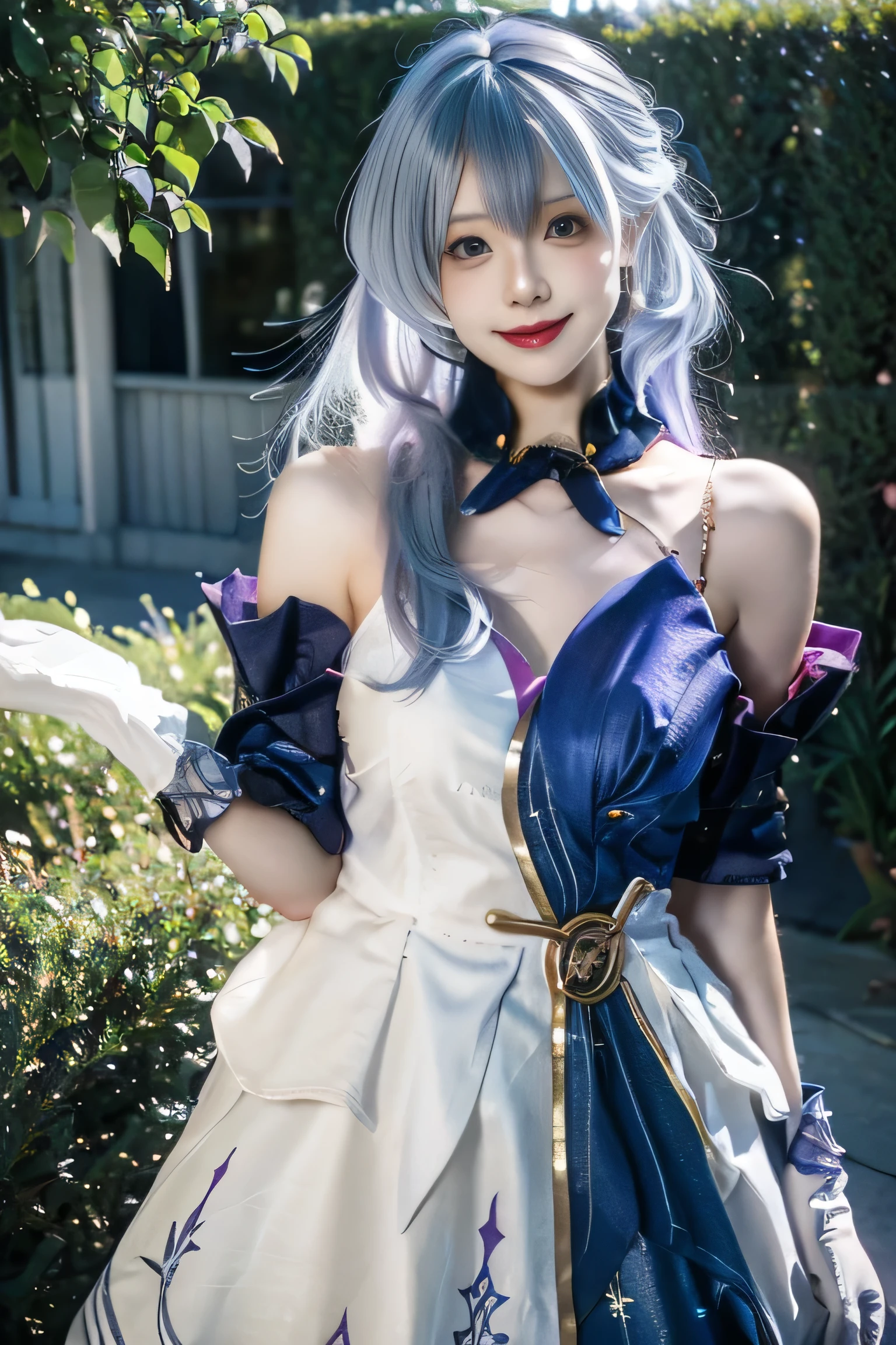 gwendolyn, hip feathers, strapless dress, crown, detached sleeves, choker, armored thigh boots, feather hair buns, 1girl, seductive expression, sexy eyes, big breasts, smile, cute, (light violet hair:1.2), (breast focus:1.2), (realistic:1.2), (realism), (masterpiece:1.2), (ultra high quality), (ultra detailed), (8k, 4k, intricate), (full body:1.5), (85mm), light particles, lighting, (highly detailed:1.2), (detailed face:1.2), (gradients), colorful, (detailed eyes:1.2), (detailed garden with fountains:1.2), (detailed background), (dynamic angle:1.2), (dynamic pose:1.2), (erotic pose:1.2), (rule of third_composition:1.3), (Line of action:1.2), daylight, solo.