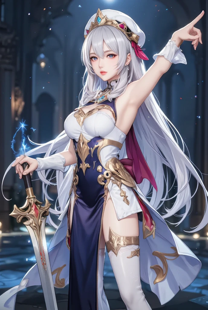 nsfw:1.1, high resolution:1.7, incredibly absurdres, kawaii:1, cute:1.5, hires.fix,anime visual:1,incredibly fine illustration,8k,masterpiece:1.2,best quality, high quality, exquisite, beautiful,insanely detailed, intricate detailed, extremely detailed, Super Definition,ultra high res, Super Resolution, best aesthetic, ultra detailed:1.5,best quality, perfect face, detailed face, masterpiece:1.2, illustration:1.2, 8k cg wallpaper, stunning art,absurdres,octane render,ultra hires,
Japanese Actress,(Idol),18yo,Beautiful,(Cute and lovely),cute girl,((anime elf with extremely cute and beautiful silver hair)),((((silver single braid,ear breathing)))),intricate eyes,beautiful detailed eyes,symmetrical eyes,big eyes:1.5,enchanting bright eyes studded with gold and silver dust,(((pinky and glowing_skin,shiny body))),upward breasts,waist slender,(detailed body,(detailed face)),cute,daring,zettai ryouiki,show skin,best relationship with four fingers and one thumb,Very Fine Face and Eyes,Very Fine Hair,(Perfect Anatomy),((girl trembling with sexual climax)),Garter Belt,Bare shoulders,Check out our thru-rack chokers and midi rings with chains,vibrant colors and smooth brushwork bangs, sidelocks, sharp eyes, 1 girl, solitary amidst the enchanted forest, her essence half-mythical. a tapestry of silver and amethyst,dances with the wind's gentle touch.hold the secrets of the stars.She wears a gown crafted from the moon's radiance, adorned with patterns of ancient runes that shimmer in the night's embrace.Close upperbody,dynamic Pose,cowboy shot,posing for a photo,looking at viewer,(front_view:0.8),(wide shot:1.2),cinematic lights,dark,highly,volumetric lighting,cinematic lights,(red fire:1.5), (holding white flame sword:1.5), (holding blue energy sword:1.3),(purple flame katana:1.3), (swing a purple flame sword:1.3),battle,fight,(action pose:1.3),(vengeful spirit come's attack), (vs vengeful spirit),(purple confetti:1.3)