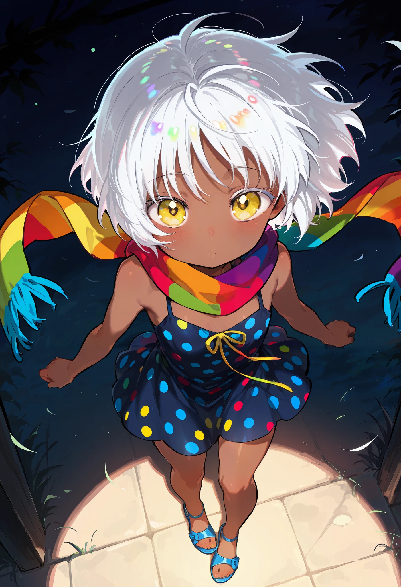 solo, score 9, score 8, score 7, Best quality::2.5, artwork::2.5, Masterpiece::2.5, Night, rodecchi, , Little, cute, Brown skin, (White hair), Short hair, ((Big bangs)), beautiful hair, bare shoulder, (Bright yellow eye), gojo eyes, (Rainbow scarf), Just a scarf tie, (Dark blue dress), (Short dress), Simple dress, (Colorful polka dots on dress), From above, Blue sandal, Bare legs, Wind,