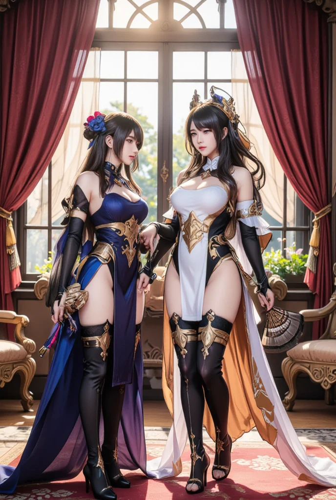 Photorealistic, 2 girls: [Scathach and Saber from FGO, Fate Grand Order, both girls wearing maid cosplay (Scathach wears purple, Saber wears blue or red), stockings and tights, garter belt, short skirt, high heels, long gloves, long hair, vivid lipstick], photo from head to toes, full body shot, seductive pose, inside the palace bedroom