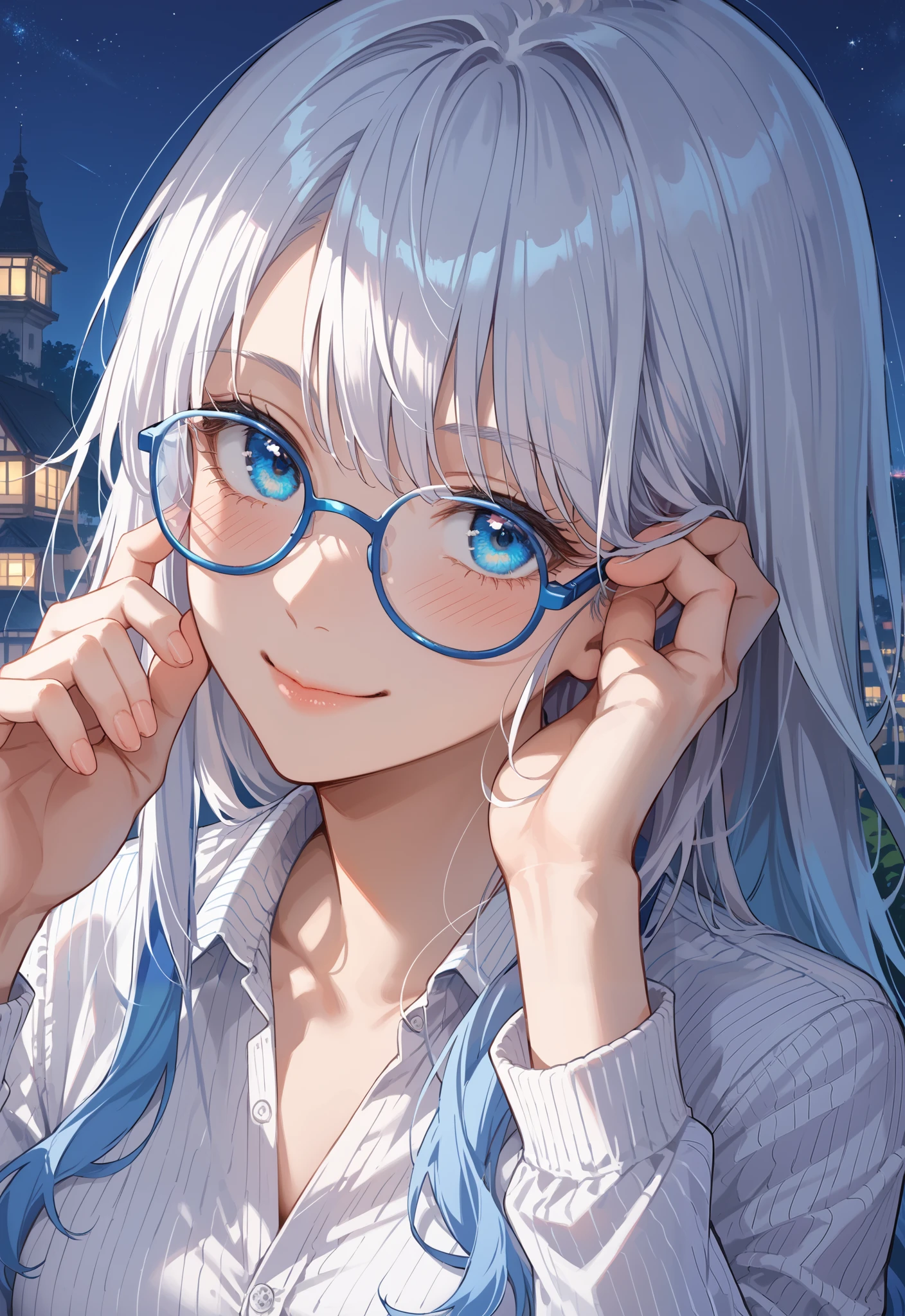 female gojo, big blue eyes, glasses on eyes, closed mouth smiling, eyebrows up, extreamly cute girl, fit girl, attractive pure white pinkish hair, long white hair, attractive sparkling blue eyes, score_9, score_8_up, score_7_up, source_anime, masterpiece,best quality, in the middle of the night, blush, hands on glasses,