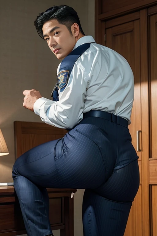 ??? boy, 15 years old, wear police uniform, shave head, wear cap, back view, look from below, no naked, wear uniform trousers belt gear gun boot, thigh, butt, open wide leg, back view, look from back below，Down on all fours，defeat, look from below, head on ground