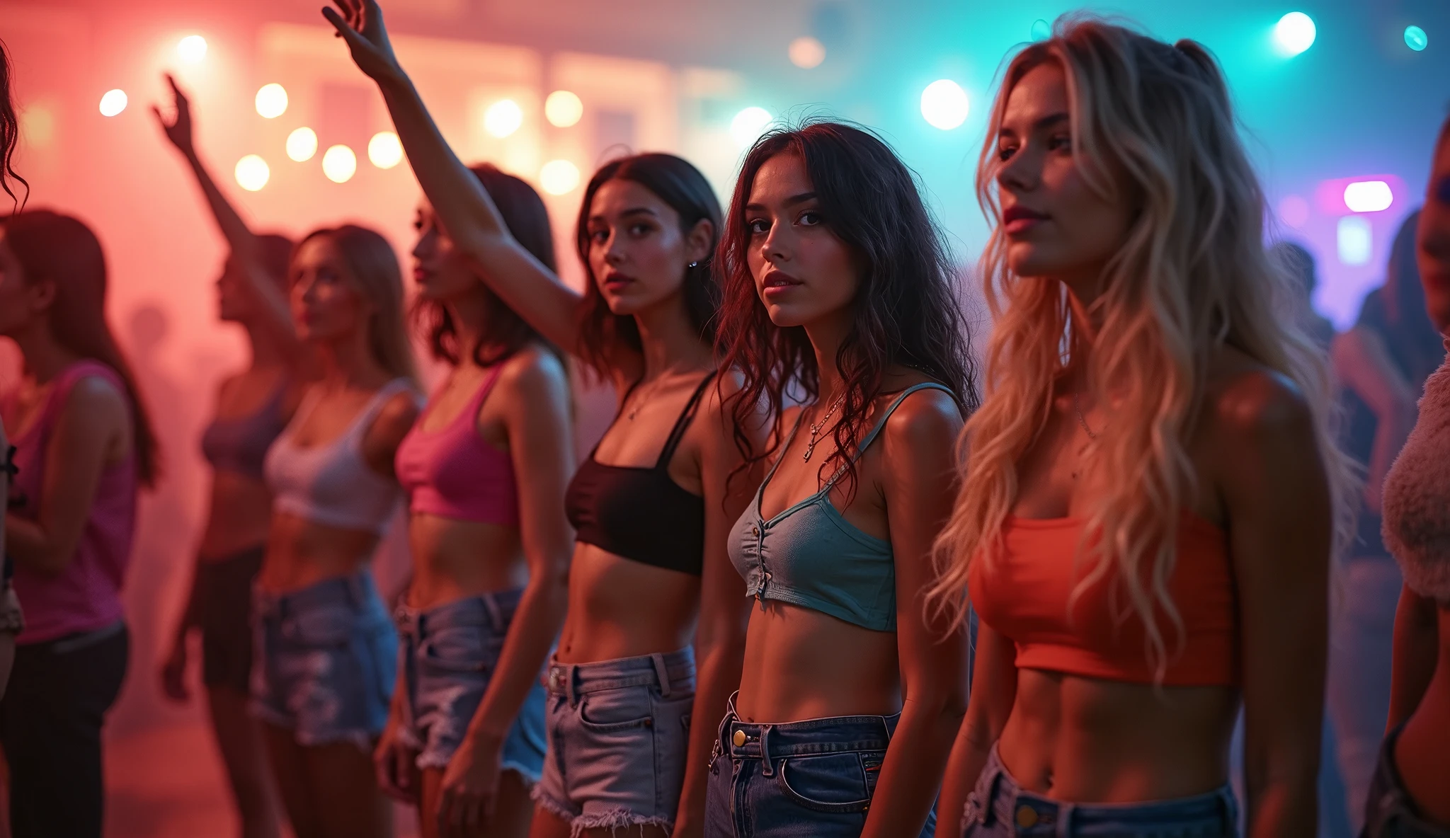Photograph of young women wearing skater fashion. Everyone is wearing a tank top. They are standing side by side, one person raising their hand. I'm in a party mood and the tension is rising