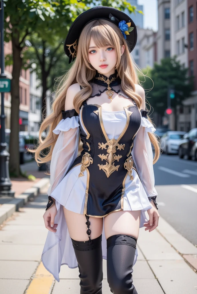 Idols in fantasy costumes、large full breasts、beautiful foot、Brown Hair Wave、、Good Style、Manteau、Leotard、knee sox、Ruffled sleeves、Witch Wind Crown、Idol face、Cute look