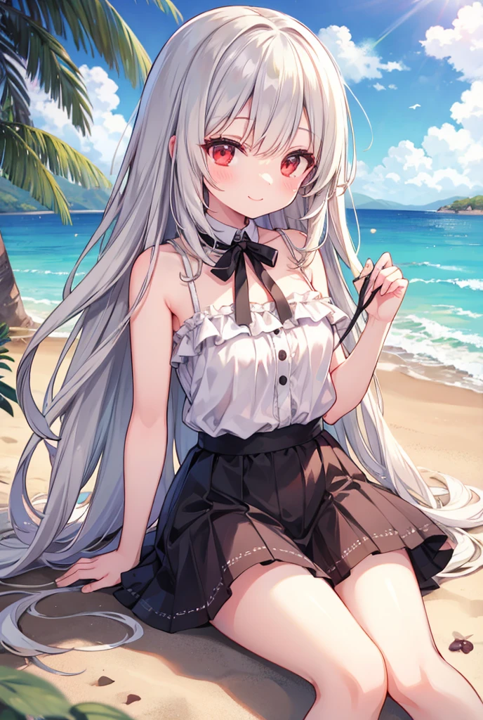 Khmeliza, 1girl in, Hair above one eye、White hair、Jewelry, single thighhigh, Midriff, Black skirt, Asymmetrical legwear、crouching down、Physical education sitting、The bikini、the beach、blue-sky、suns、​​clouds、Into the cloud、Holding your legs