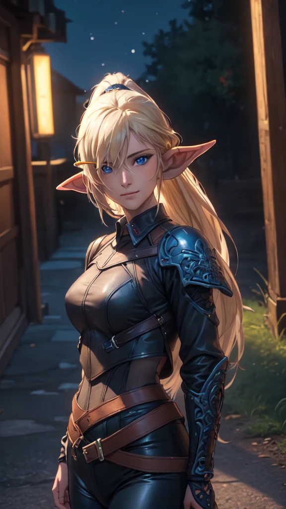8K,An elf woman who is the vice-commander of the Knights of the Brave.,Super beautiful(like the real thing),green eyes,elf ears,blonde straight hair,muscular slim body,strongly cracked abdominal muscles,luxurious black exterior,luxury black combat pants,big smile,long slit eyes,masterpiece,Photorealistic RAW photos of the highest quality。bright colors,rich colors, Backlight, cinematic lighting, film grain, to be born, 50MM lens, Nikon D850,realistic skin,fantasy art,character art,ultra high resolution,realistic scale skin,Perfect hand shape,view audience,beautiful expression,comb one's hair,very small breasts,豪華な黒いvery small breastsの胸鎧,luxurious black shoulder armor,luxury black gauntlets,luxurious black waist armor,luxury black leg armor,view audience,thin chest plate,perspective from above,Close-up,kind eyes,