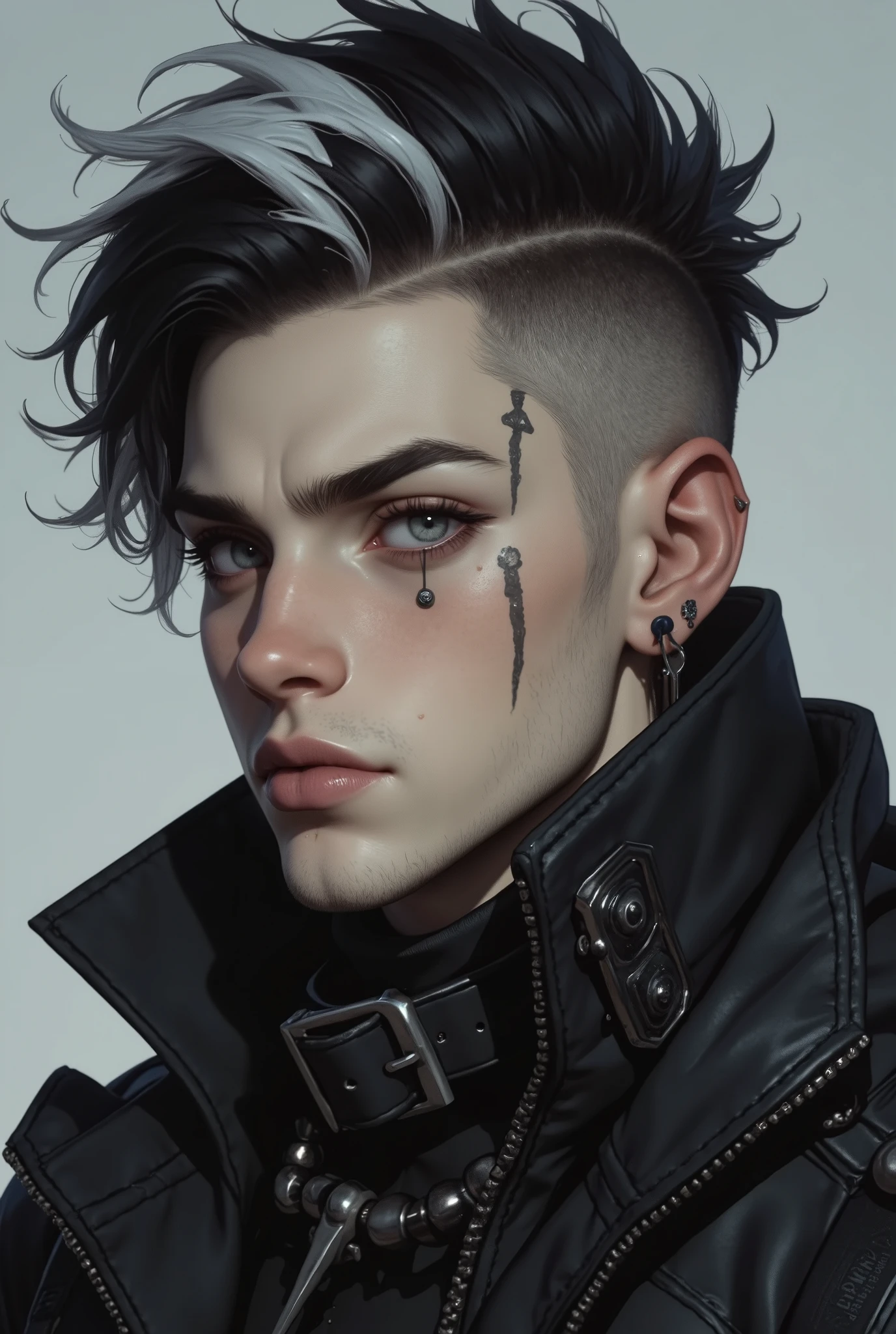 A close-up of a man with an undercut hairstyle and piercings, detailed punk hairstyle , cyberpunk setting, IMVU, Stil von Seb McKinnon, He has dark grey hair, penetrating look , distinctive man, style by Kieran Yanner , second life avatar , Punk hairstyle , Dark, penetrating eyes , in cyber punk 2077, detailed and realistic face, awesome details, tattoos, piercings, sexy men, anatomically correct , blue eyes , black white hair, monochrome hair , 2 tone hair