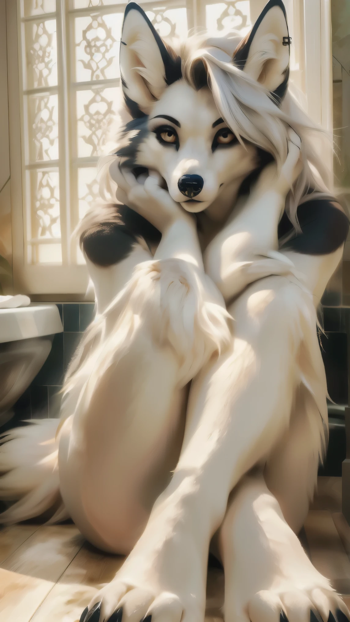 big grey fluffy wolf tail with white underneath, high definition photo, stunning model, distant shot, in the style of Asian beauty standards, real, flawless detailed fur, seductive style, cinematic, high definition, highest quality, body portrait, sitting in bathtub, bubble bath, clawed foot tub, beautiful eyes, dreamy eyes, fluffy ears, long eyelashes, makeup, ultra high definition, best quality, real life, ( Realistic:1.4), dream girl, non-glossy eyes, long white Hair, Loona Hellhound, two notches missing in upper right ear, two small black hoop earrings upper top left ear, two hands each with 5 fingers, two feet, dream girl, luxury, bright morning light, hardwood floor, bathroom, big windows, European style dust in glowing light, heavenly,
