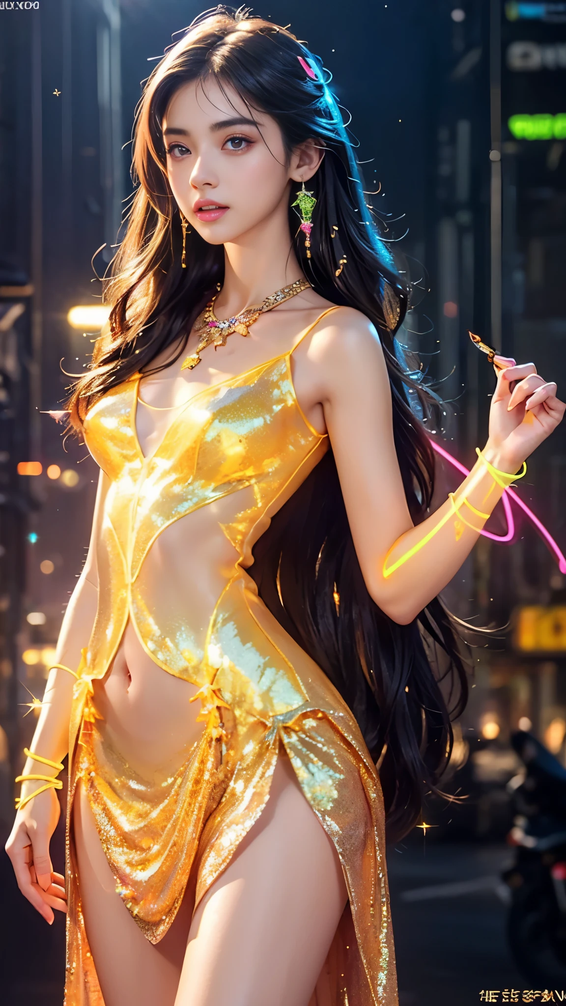 8K Ultra HD、Digital SLR Camera、soft light、high quality、Volumetric Lighting、frank、photo、high resolution、4K、8k、Bokeh,The eyes and face are very detailed,Clear eyes,Bright Eyes, Delicate lips, Smile shyly, Pretty Face,Small round face, Create stunning girl images, warm color, Very high color saturation,The legs look very long from the front,dynamic poses,Normal standing posture,black background,Chinese fairy tale women,Golden Ratio, Minimalism,Transparent and visible skin, amaranth red clothing,Transparent silk long-sleeved Hanfu,Transparent underwear,amber hair、Gradient Hairstyle,Cleavage、Exposed breasts、sexy、very detailed breasts, d cup size
