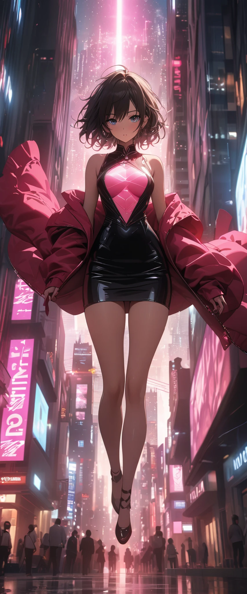 woman,20-year-old,,city,,(((Pink tight mini skirt dress))),,open mouth smile((leather thigh high boots))(See-through),(()),((black hair)),blush、surprised face,((())),((look back))(wet with sweat)Reflecting the buttocks