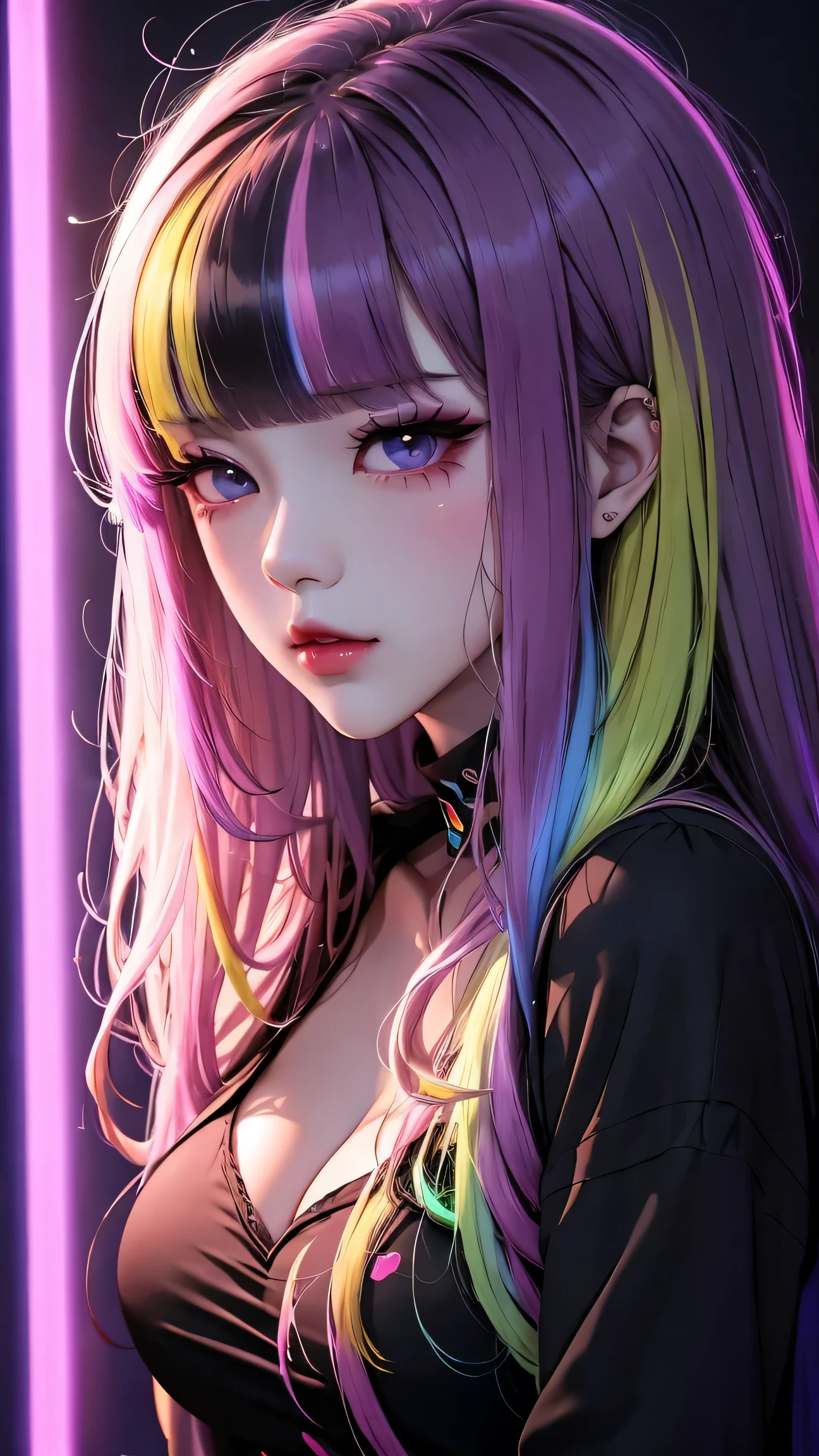 (masterpiece), (extremely intricate:1.3), (realistic), 1girl, solo, goth, rainbow hair, bedhead, messy hair, detailed blue eyes, portrait, looking at viewer, big breasts