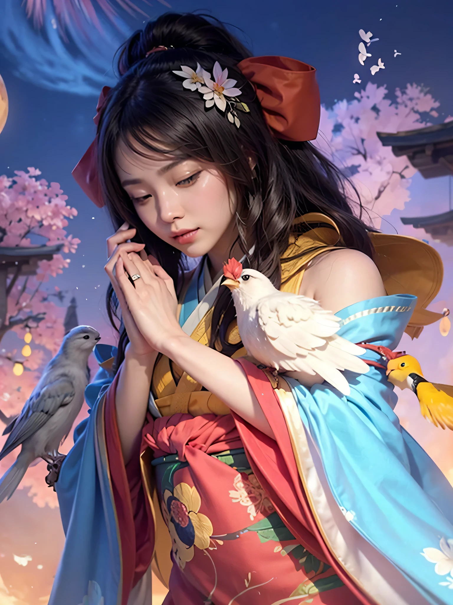 A beautiful Asian girl, with her eyes closed, waiting for a Muse to come upon her. There are doves in the background. She wears kimono, her hands are hidden in the sleeves.
