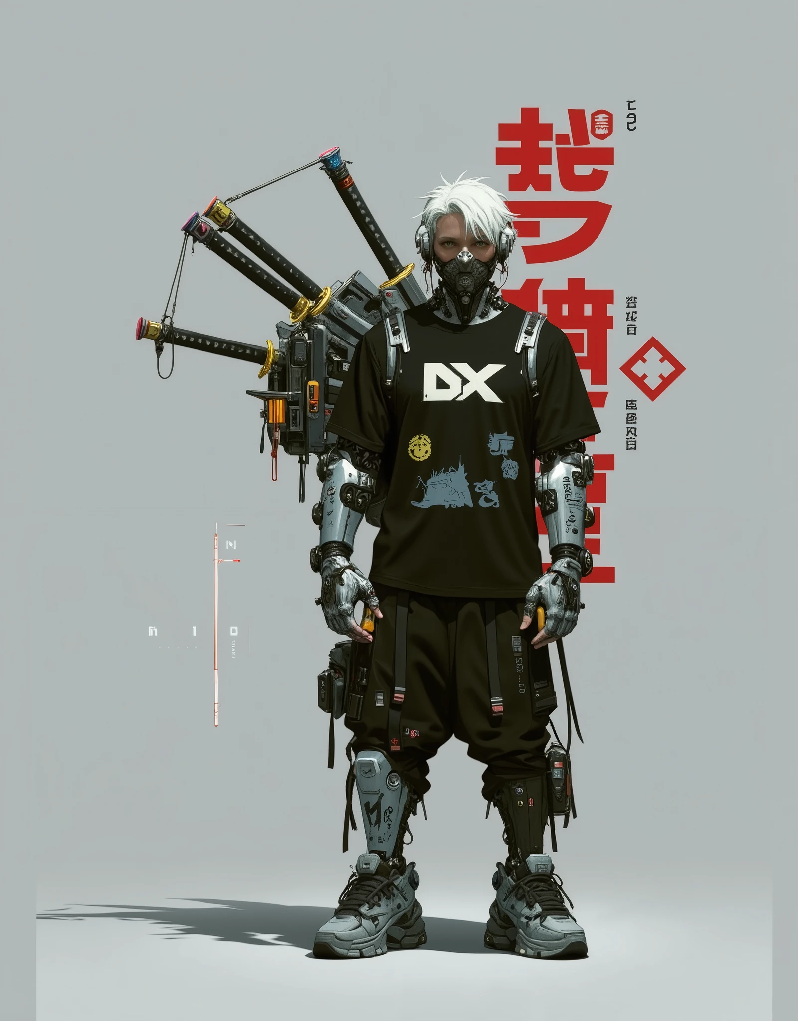 Create a futuristic cyberpunk samurai character. The character has a sleek, robotic design with metallic prosthetic arms and glowing tech accents. They are dressed in a tactical yet minimalist black outfit featuring a graphic t-shirt with bold futuristic logos, baggy pants with pouches and straps, and high-tech sneakers. The character is equipped with two futuristic katanas, one carried on their back and the other held in a relaxed pose, featuring glowing or metallic details. The design should blend cybernetic enhancements and samurai aesthetics seamlessly. The background is clean and minimal, with bold red and white Japanese-inspired typography and graphic elements, enhancing the modern cyberpunk atmosphere. Use soft, diffused lighting to highlight the metallic textures and intricate details.
