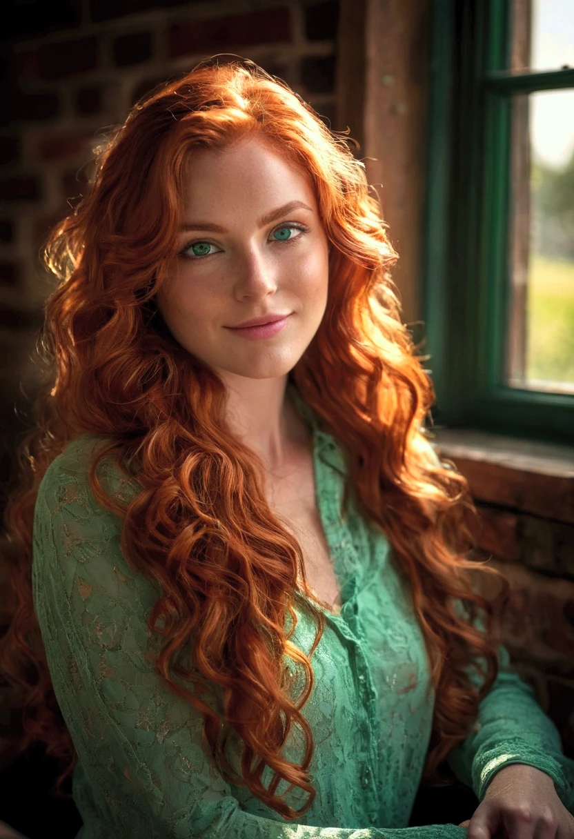 Smiling young redhead woman with freckles is seated at a table, gaze fixed forward with a radiant expression, capturing her playful and inviting demeanor. Detailed features reveal her rosy cheeks, sparkling green eyes, and beautifully textured red curls cascading down to her shoulders. The tabletop setting is colorfully adorned, setting the stage for a charming and engaging portrait. A natural, warm, and inviting ambiance envelops the scene, with soft, diffused light illuminating the scene and highlighting her stunning features. The background subtly blurs, drawing focus to her engaging countenance and the genuine emotion she exudes. High resolution, superb