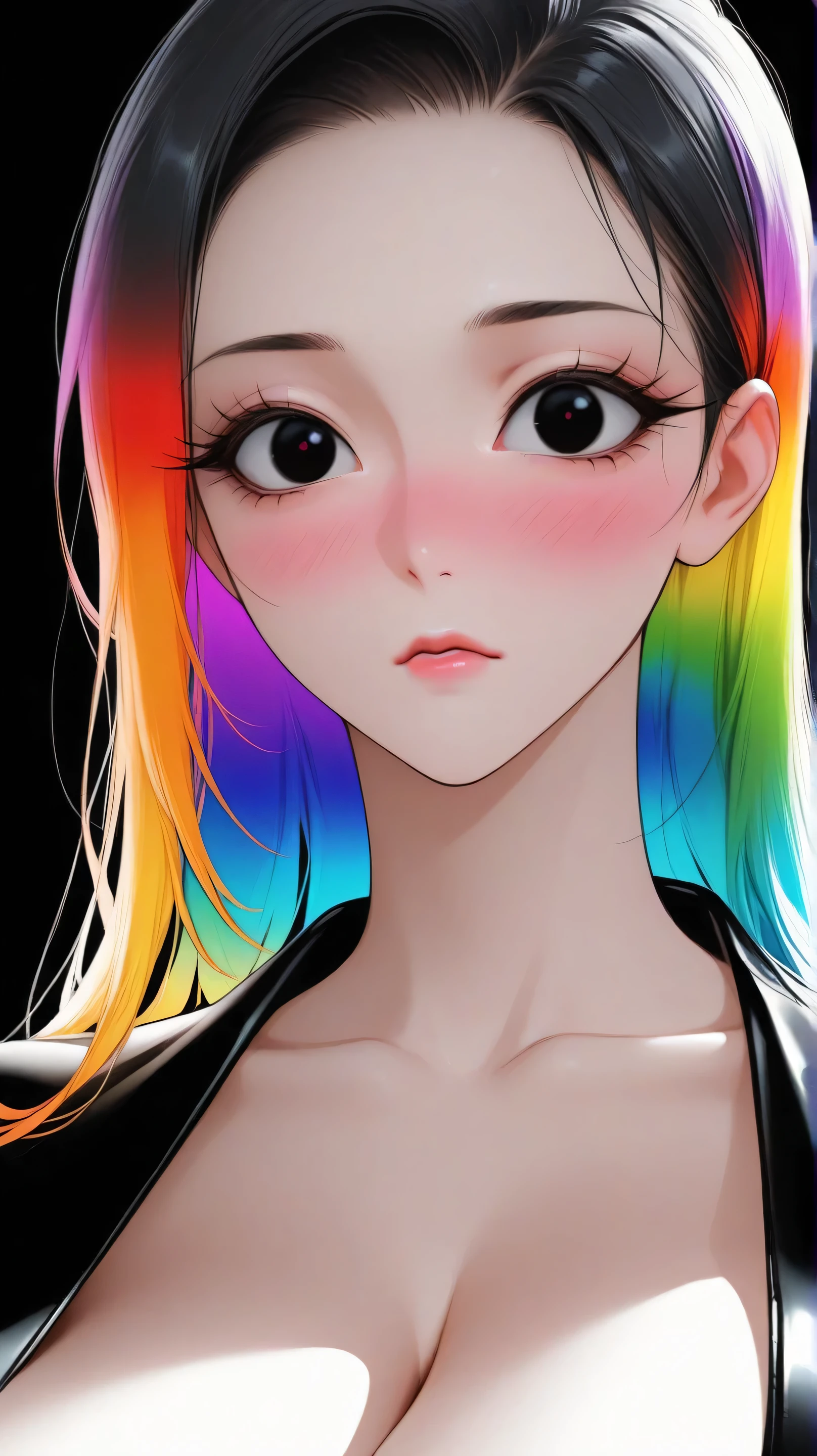 asian high school girl, plunging neckline, rainbow hair, bangs, with colorful eyes and huge eyelashes, huge breasts, edgy graphic design with a multi neon colored palette, big black eyes, ulzzang, portrait, (anime), manga, sexy, irridescent rainbow Latex, 8k,Highest quality,masterpiece, Sharp focus, solid black background, soft lighting, heavy blushing,