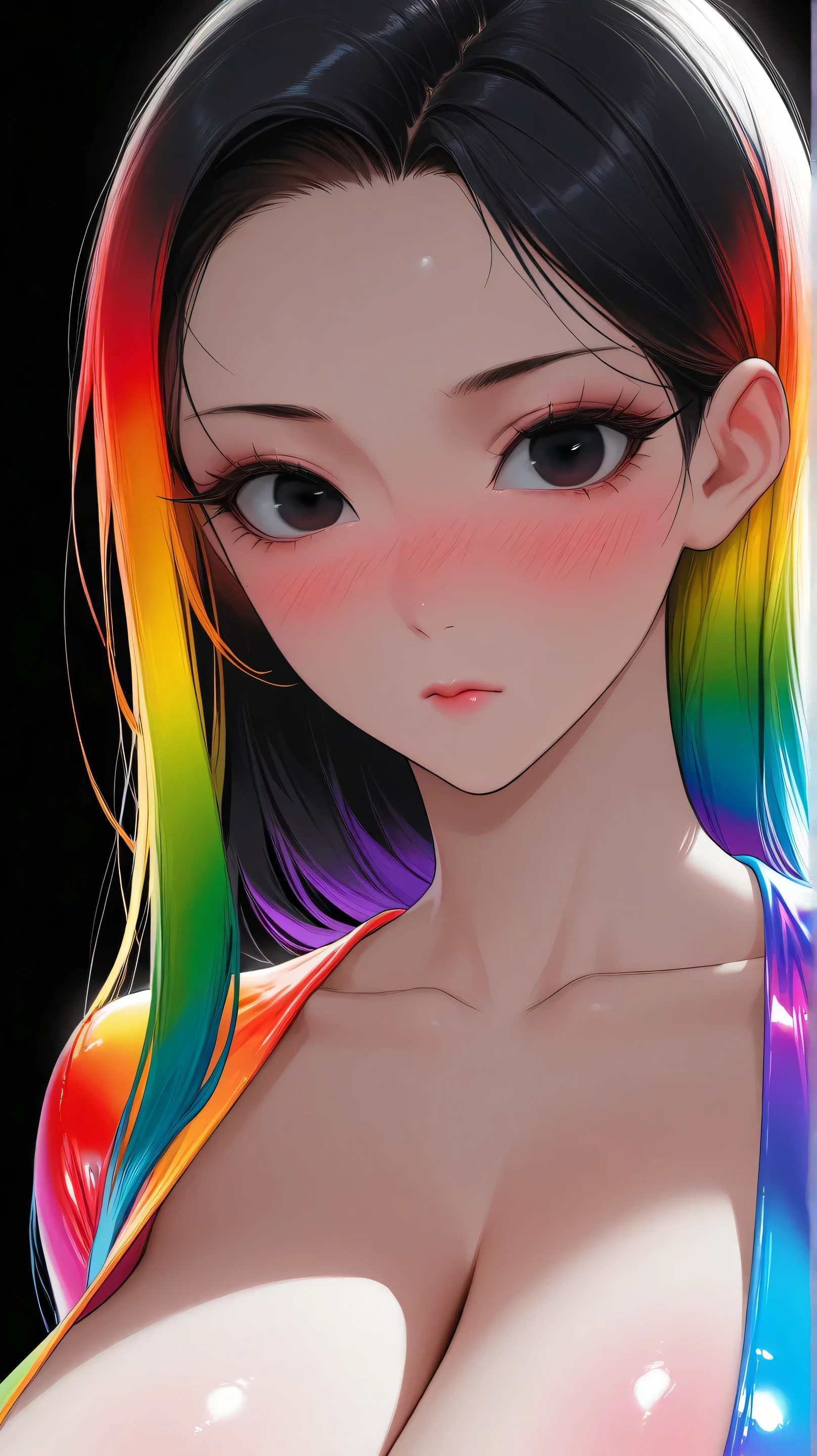 asian high school girl, plunging neckline, rainbow hair, bangs, with colorful eyes and huge eyelashes, huge breasts, edgy graphic design with a multi neon colored palette, big black eyes, ulzzang, portrait, (anime), manga, sexy, irridescent rainbow Latex, 8k,Highest quality,masterpiece, Sharp focus, solid black background, soft lighting, heavy blushing,