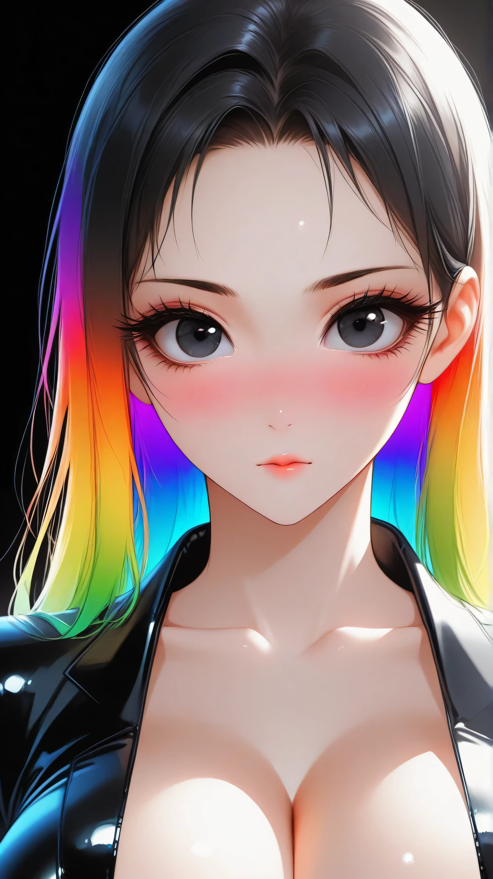 asian high school girl, plunging neckline, rainbow hair, bangs, with colorful eyes and huge eyelashes, huge breasts, edgy graphic design with a multi neon colored palette, big black eyes, ulzzang, portrait, (anime), manga, sexy, irridescent rainbow Latex, 8k,Highest quality,masterpiece, Sharp focus, solid black background, soft lighting, heavy blushing,