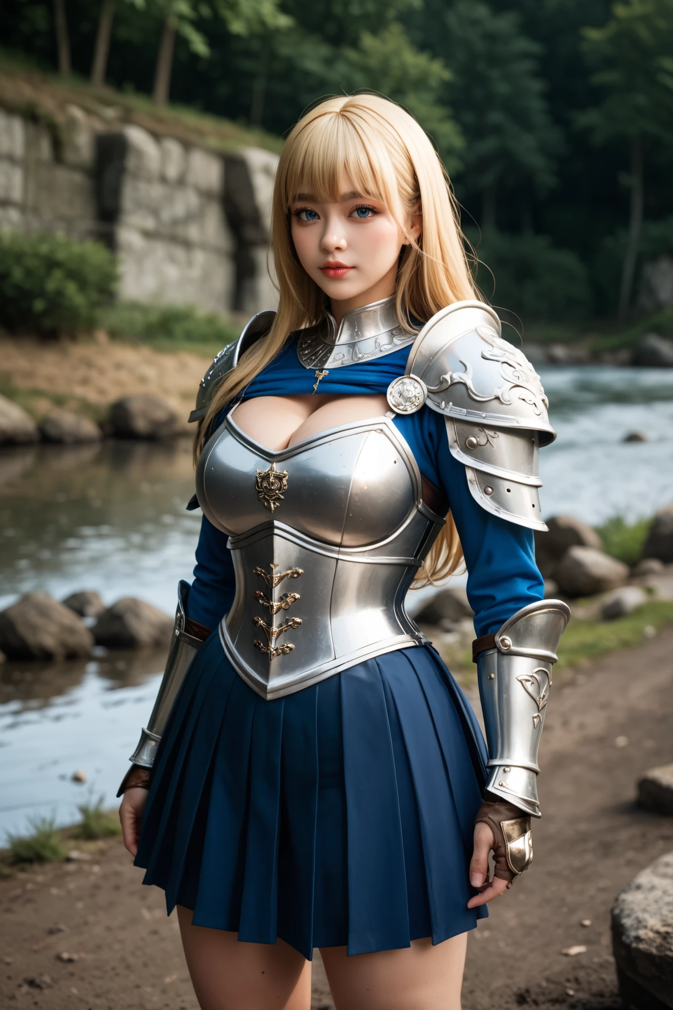 (8k, Highest quality:1.2)、masterpiece, Beautiful Knight, (Attractive American Model、Born in Lee:1.0),(( Red and white clothes))、((Plate armor with attention to detail)), (Strong muscular body),(Powerful arms)、 (Light blonde hair), Braid、Disheveled Hair、feet,  (((Holding a long sword))), (Knight's Sword)、 High resolution, (Skin Texture:1.1), Highest quality, 超High resolution, (Realistic: 1.4), RAW Photos, By Ellen von Unwerth, Nikon D850 film stock photos, F1.6 Lenses, Rich colors, Bokeh, Sharp focus, Realistic, Cinestill 800, Backlight, Rim Light, Strong sunlight, Realistic, Realistic Shadow, 3d, (Forest Background:1.2),Hair blowing in the wind、whole body、 (Ancient fantasy soldiers),(Ancient soldier armor),Combat Accessories,breastplate、((mini skirt))、Voluminous lips、((Big Breasts))、((Large Breasts))、Cleavage、((Perfect Face))、Big eyes、Delicate eyes、Body-fitting armor、looking at the camera、belt、Intricately patterned armor、whole body、up、knight armor、Red Armor、Delicate hands、Knee-high boots、((Highest quality, 8k, masterpiece: 1.3)),リアル8k、7-Head Body Slender Beauty、笑顔黄金の鎧をまとった威厳あるPaladin,  Paladin;Her blue eyes sparkle with determination as she walks down a dark street, mysterious street... The glow of the Paladin&#39;The sword lit up the surroundings..., Uncover intricate details，Add a cinematic touch to your work. The overall aesthetics are、It captures the beauty and depth of the scene., Reminiscent of Fujifilm photos.　7-Head Body Slender Beauty、（A kind smile）、