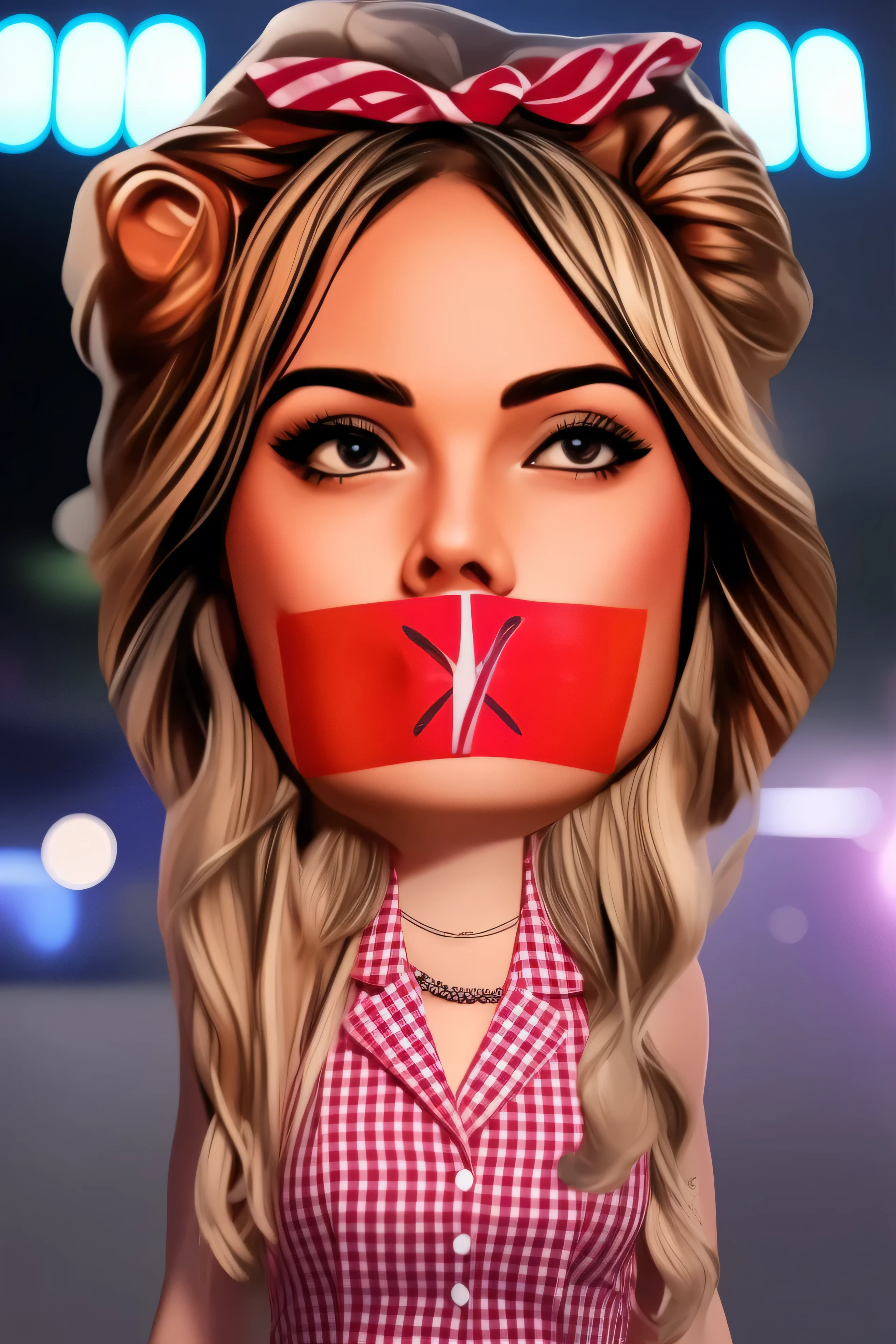 a close up of a woman with a red tape Written X on her face, cartoon digital art, in style of digital illustration, cartoon digital painting, digital art cartoon, digital art. @mariomaniacdude, margot robbie in gta v, bite her lip, mouth shut, digital illustration, cartoon artstyle, realistic digital art, profile pic, made with photoshop