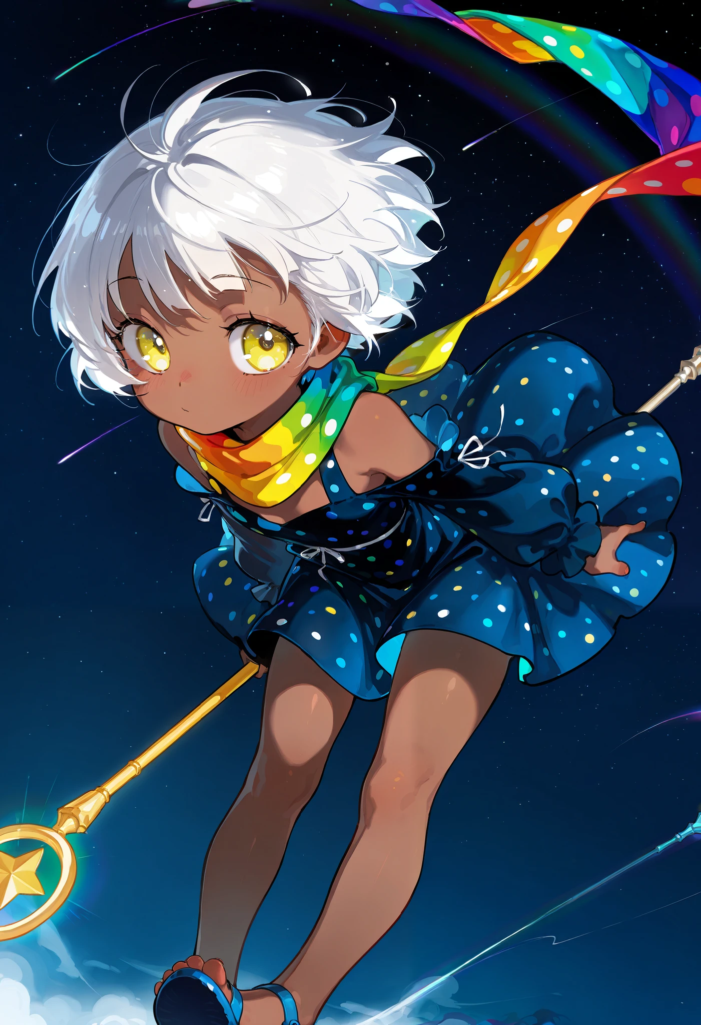 Focus on the background, Solo, score 9, score 8, score 7, Best quality::2.5, artwork::2.5, Masterpiece::2.5, Beautiful features, good anatomy, Visual Cartoon, beautiful details, Close up, detailed eyes, rodecchi, Night sky, stars, , cute, Little, Brown skin, (White hair), Short hair, ((Big bangs)), Bangs forward, beautiful hair, bare shoulder, ((Bright yellow eye)), ((Rainbow scarf)), Staff with a star on the end, staff, Just a scarf tie, (Dark blue dress), (Medium dress), Simple dress, (Colorful polka dots on dress), Blue sandal, Bare legs, Wind,