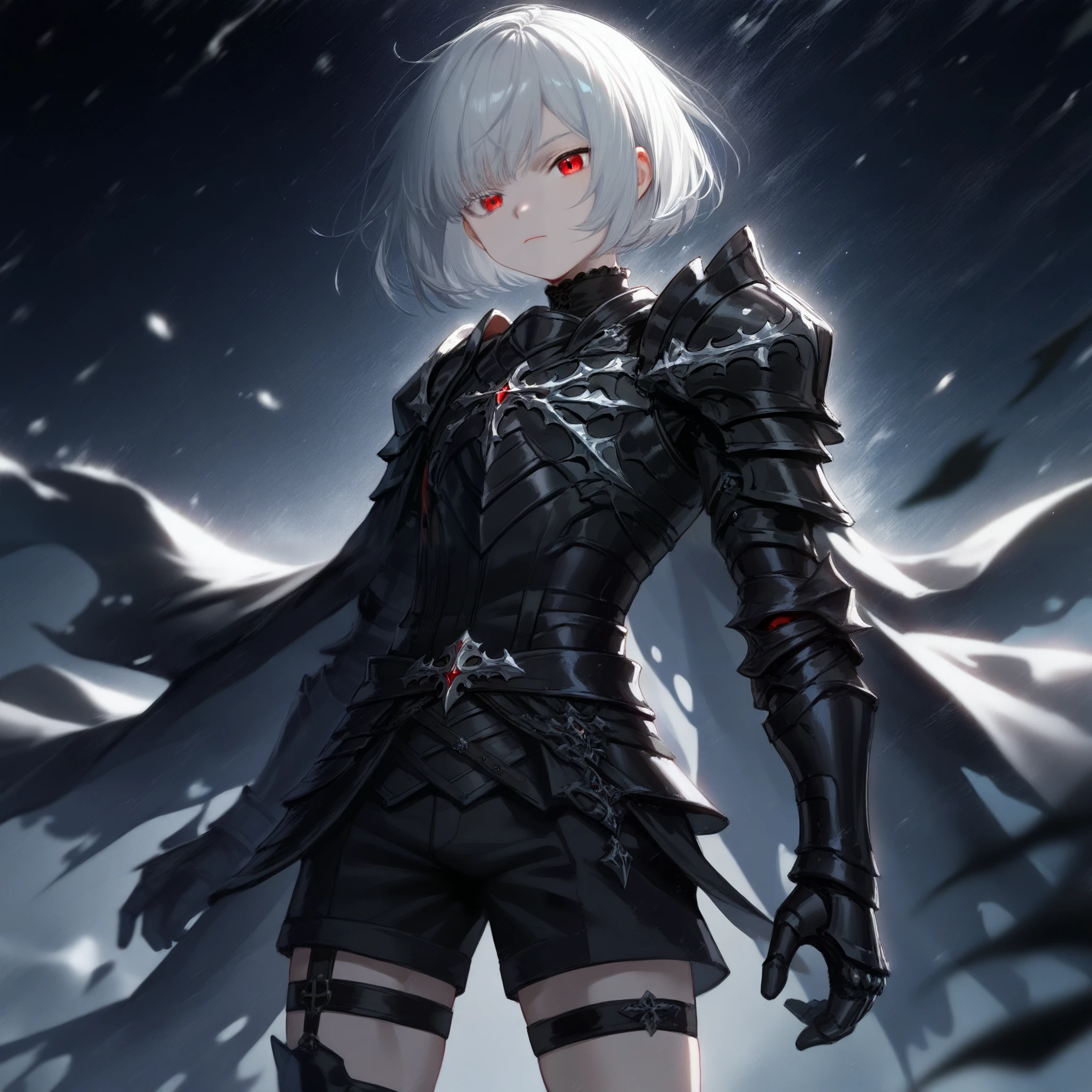 animation, Black and white, boy, badass animation 8 k, Gothic Knight , pale black armor , 4k animation wallpaper, Ark Knights , Red Eyes, silver-haired , short hair , boy, Shota, black shorts , Expressionless, ((BOB HAIR)), Rich hair