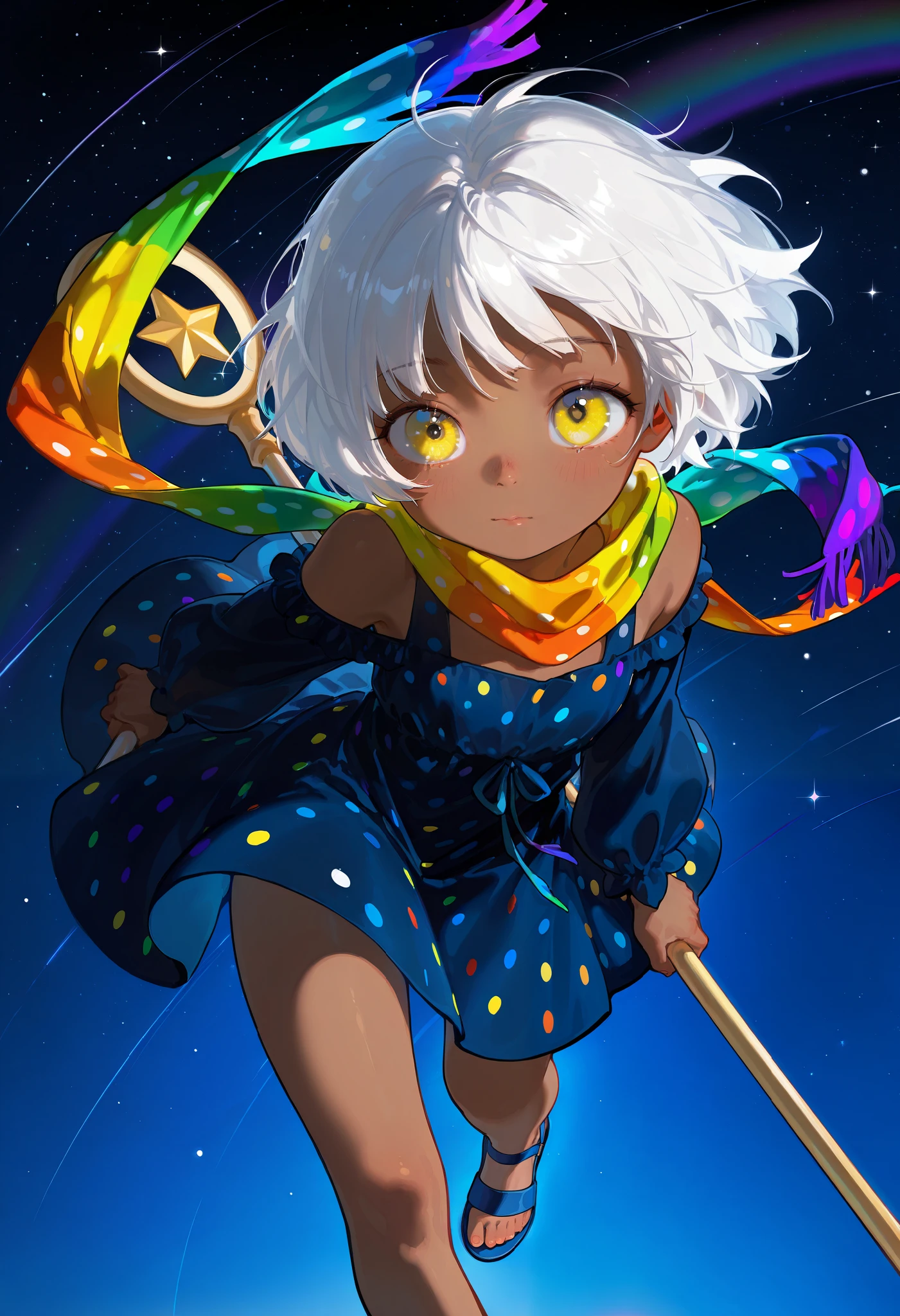 Focus on the background, Solo, score 9, score 8, score 7, Best quality::2.5, artwork::2.5, Masterpiece::2.5, Beautiful features, good anatomy, Visual Cartoon, Realistic cartoon, Cartoon with realistic features, beautiful details, Close up, detailed eyes, rodecchi, Night sky, stars, , cute, Little, Brown skin, (White hair), Short hair, ((Big bangs)), Bangs forward, beautiful hair, bare shoulder, ((Bright yellow eye)), ((Rainbow scarf)), Staff with a star on the end, staff, Just a scarf tie, (Dark blue dress), (Medium dress), Simple dress, (Colorful polka dots on dress), Blue sandal, Bare legs, Wind,