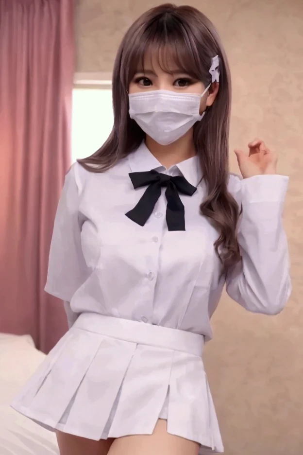 (masterpiece:1.2), Japanese, (((18 years old))), (a girl), (opened mouth wide), (skirt), ((small ribbon)), (((legs spread wide))), ((mouth mask)), on a bed, (((panty))), ((collared shirt)), ((plump)), short hair,