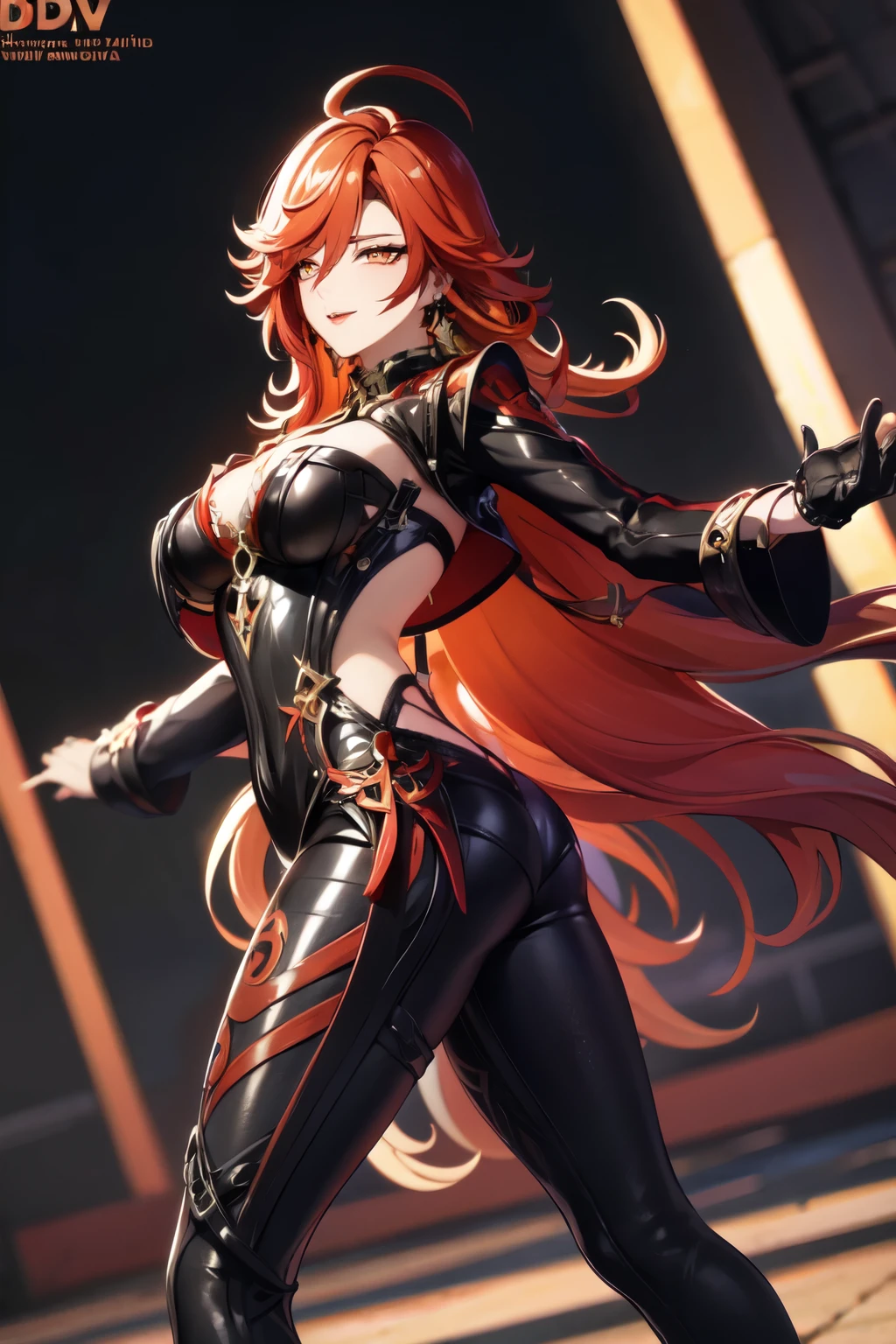 photorealistic,Dutch angle,Colorful,mavuika, mavuika from genshin impact, very long hair, orange eyes,red hair,body harness,bondage outfit,cross pasties, sexy pose,dvr-lthr-pdxl, teasing pose, nsfw pose,csr style, best_quality, big_boobies, ass_view