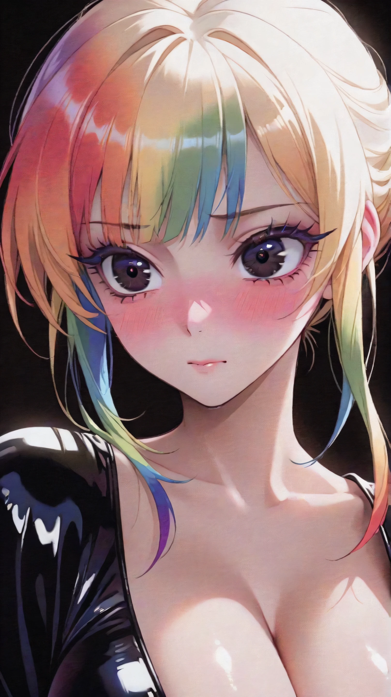 asian high school girl, plunging neckline, rainbow hair, bangs, with colorful eyes and huge eyelashes, huge breasts, edgy graphic design with a multi neon colored palette, big black eyes, ulzzang, portrait, (anime), manga, sexy, irridescent rainbow Latex, 8k,Highest quality,masterpiece, Sharp focus, solid black background, soft lighting, heavy blushing,