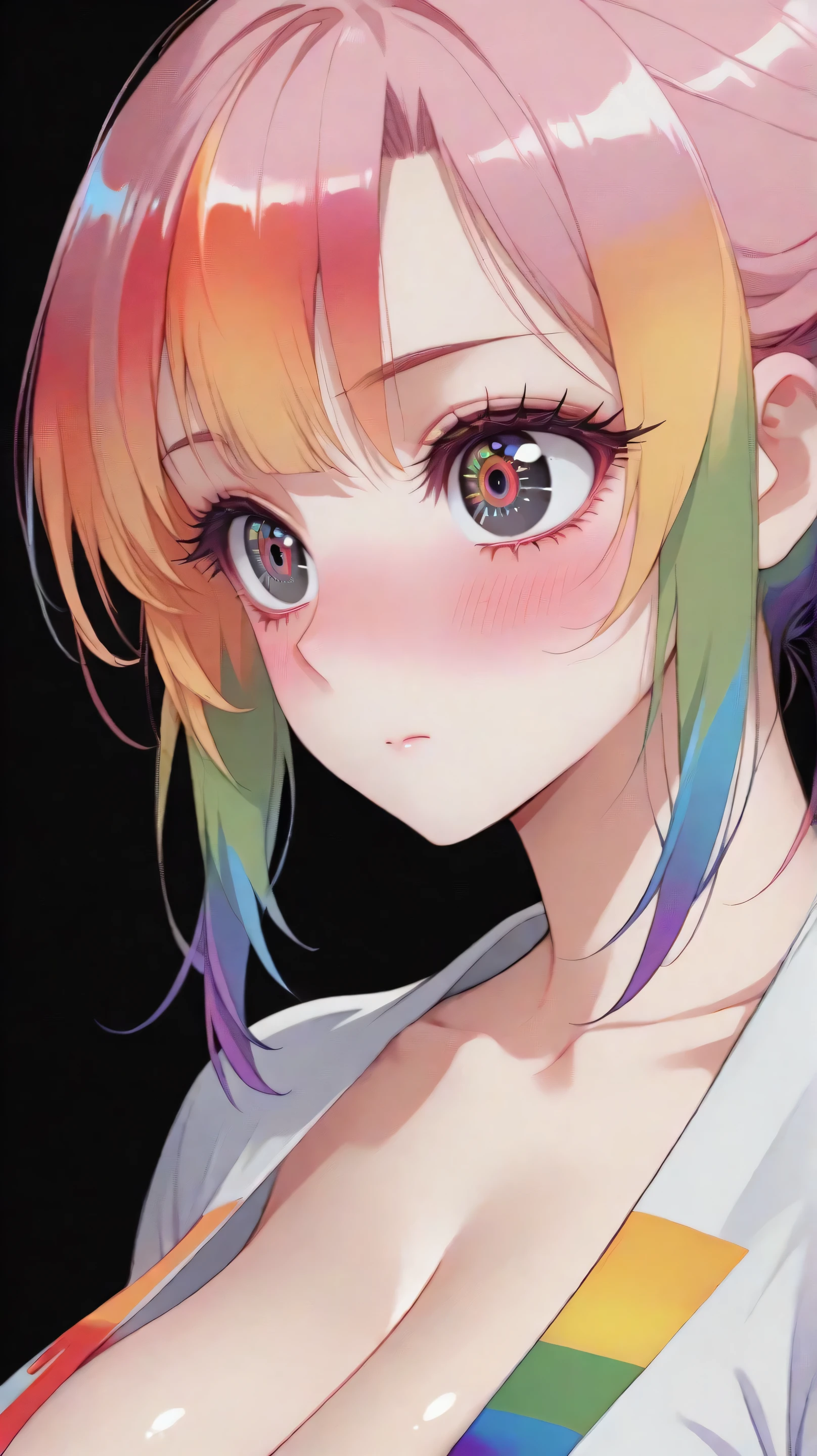 asian high school girl, plunging neckline, rainbow hair, bangs, with colorful eyes and huge eyelashes, huge breasts, edgy graphic design with a multi neon colored palette, big black eyes, ulzzang, portrait, (anime), manga, sexy, irridescent rainbow Latex, 8k,Highest quality,masterpiece, Sharp focus, solid black background, soft lighting, heavy blushing,