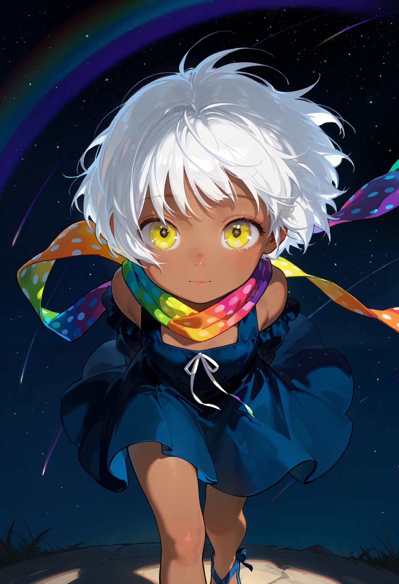 Focus on the background, Solo, score 9, score 8, score 7, Best quality::2.5, artwork::2.5, Masterpiece::2.5, Beautiful features, good anatomy, Visual Cartoon, Realistic cartoon, Cartoon with realistic features, beautiful details, Close up, detailed eyes, rodecchi, Night sky, stars, , cute, Little, Brown skin, (White hair), Short hair, ((Big bangs)), Bangs forward, beautiful hair, bare shoulder, ((Bright yellow eye)), gojo eyes, ((Rainbow scarf)), Just a scarf tie, (Dark blue dress), (Medium dress), Simple dress, (Colorful polka dots on dress), Blue sandal, Bare legs, Wind, Looking at the viewer, Mouth half open,