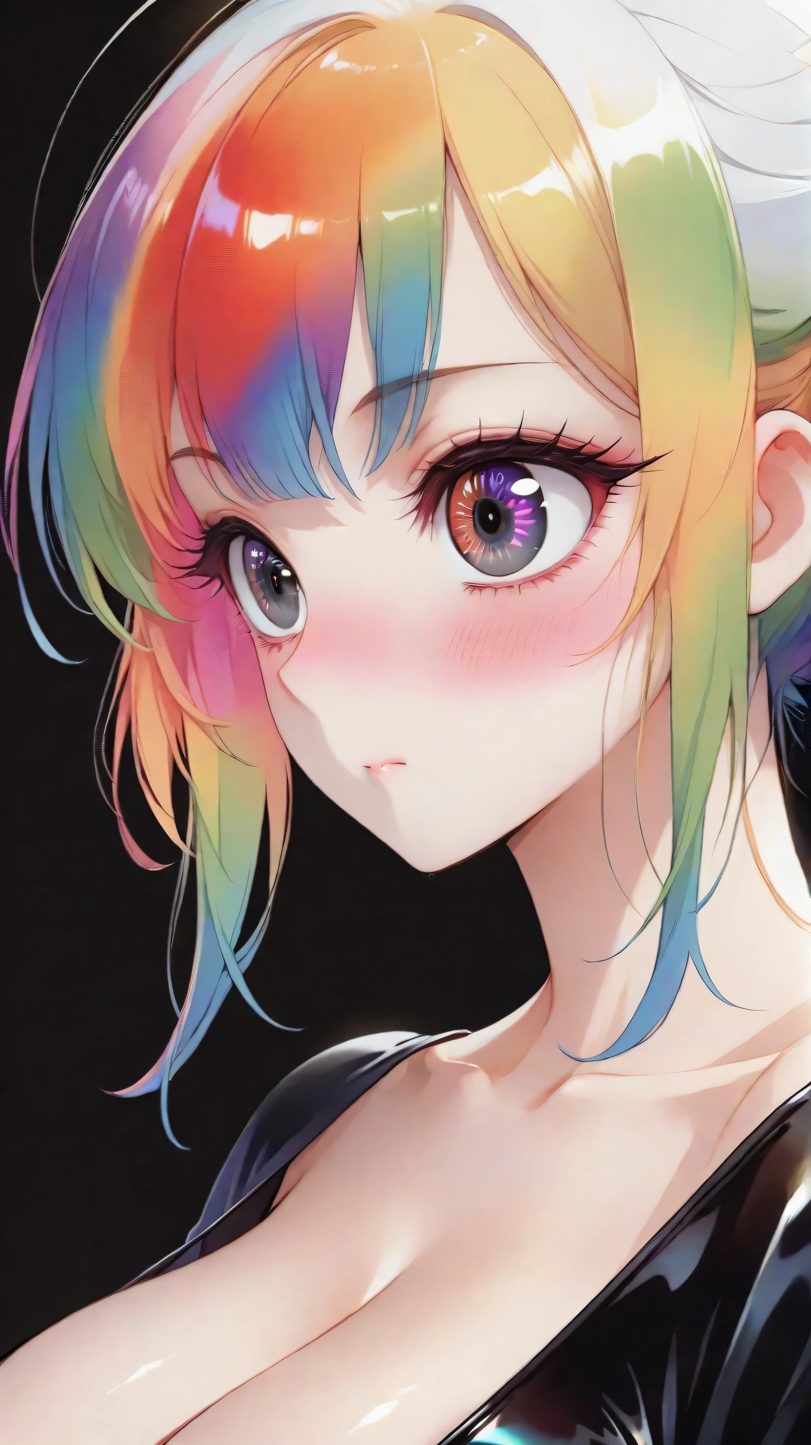asian high school girl, plunging neckline, rainbow hair, bangs, with colorful eyes and huge eyelashes, huge breasts, edgy graphic design with a multi neon colored palette, big black eyes, ulzzang, portrait, (anime), manga, sexy, irridescent rainbow Latex, 8k,Highest quality,masterpiece, Sharp focus, solid black background, soft lighting, heavy blushing,